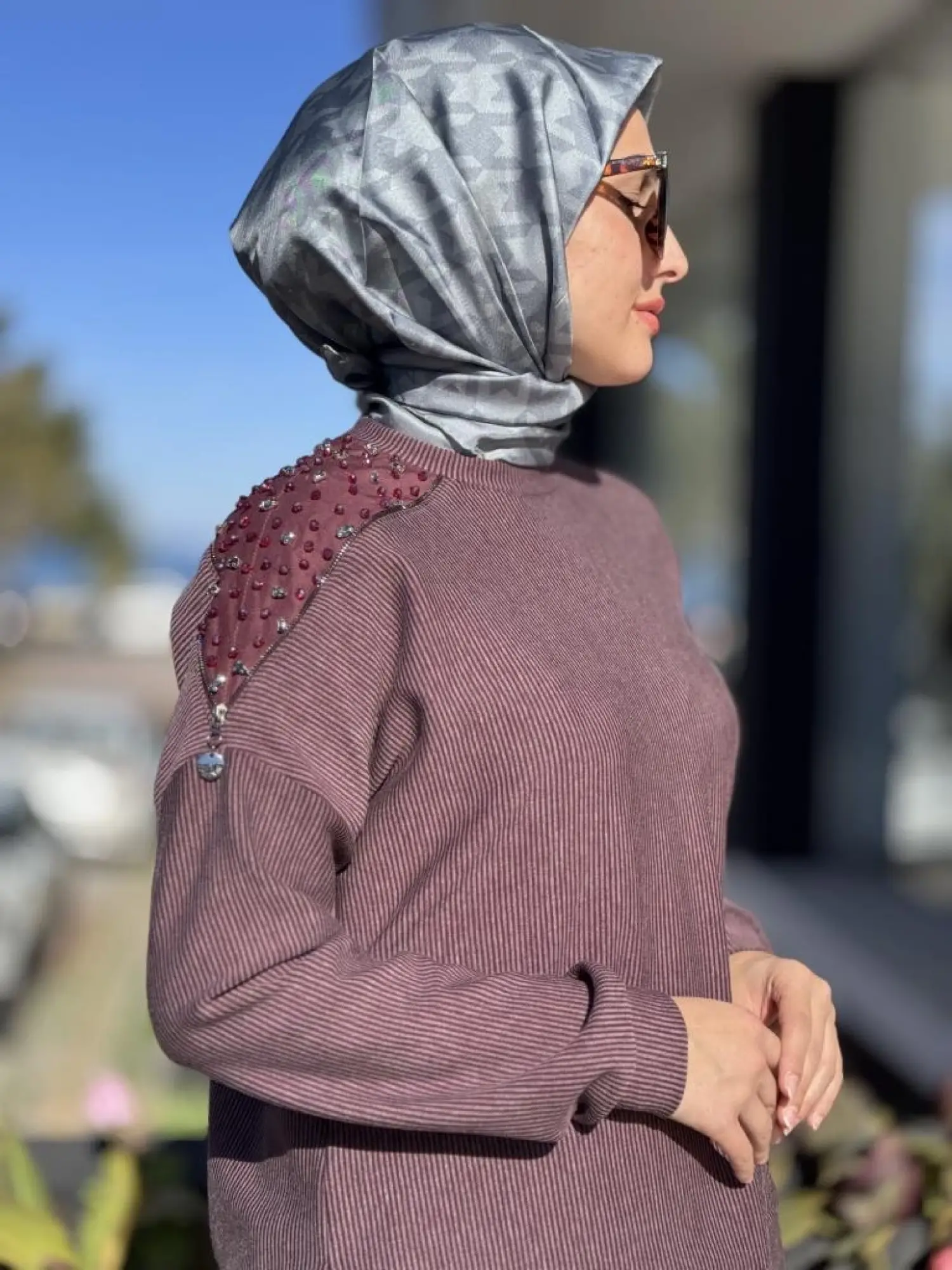 Almarwah Omuzu Taşlı Çizgili Viscon Bluz Poplin Etek Takım 202908