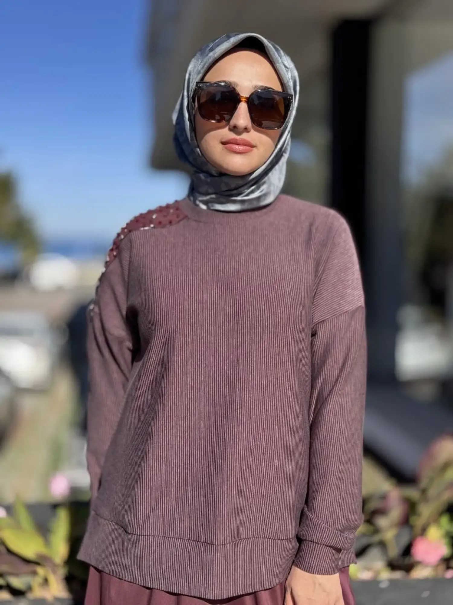 Almarwah Omuzu Taşlı Çizgili Viscon Bluz Poplin Etek Takım 202908