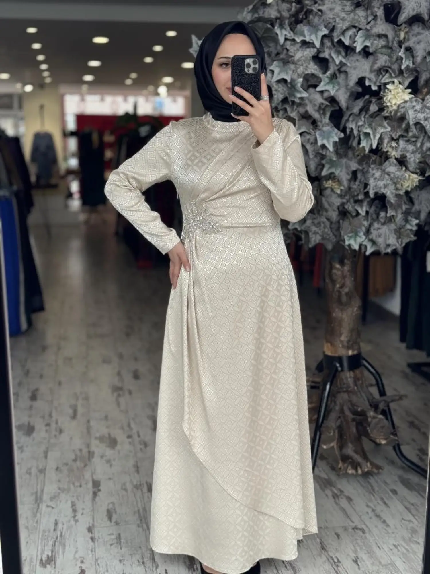 Almarwah Önden Drapeli Beli Taş Detaylı Tesettür Abiye Elbise 90479