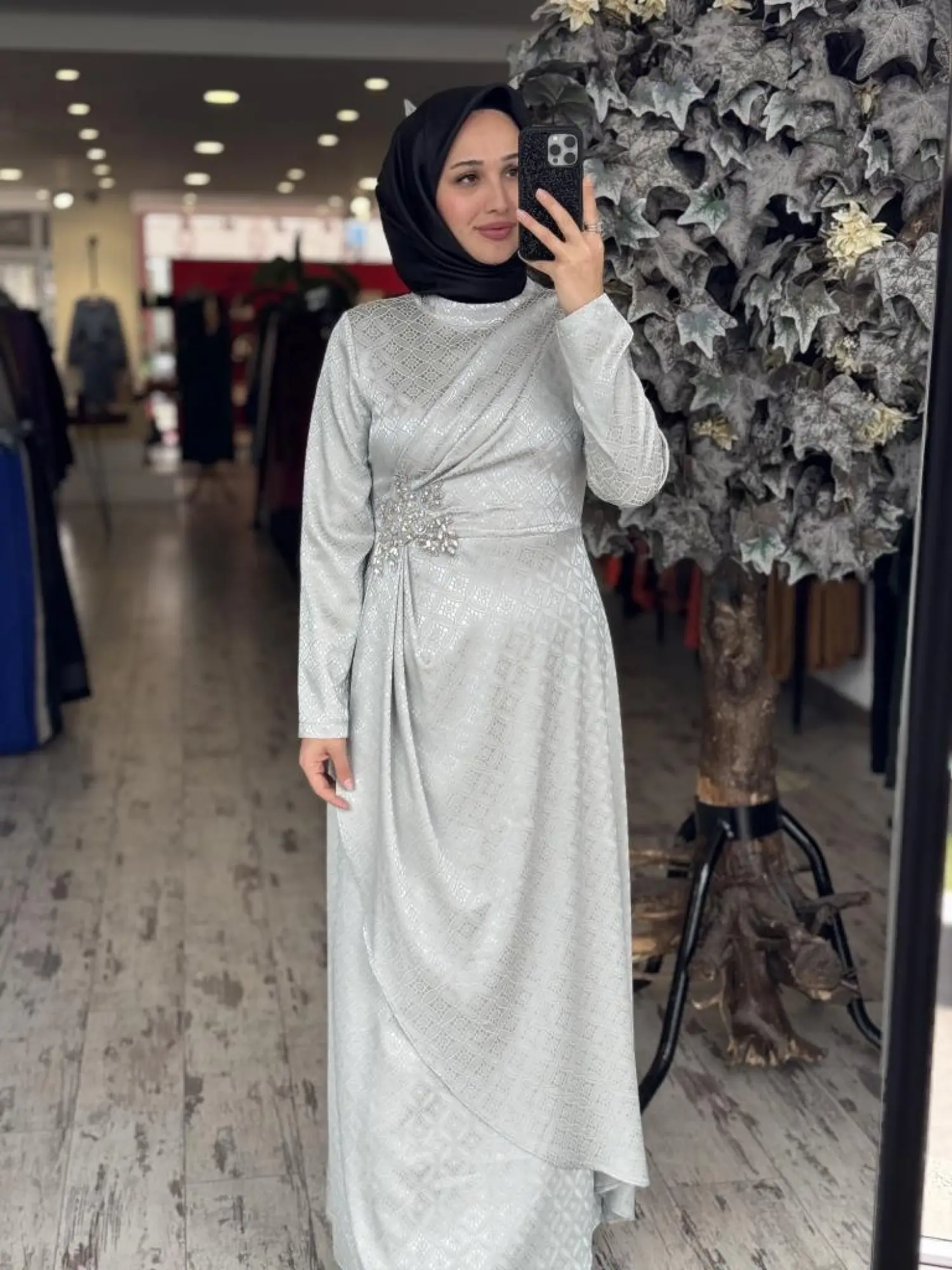 Almarwah Önden Drapeli Beli Taş Detaylı Tesettür Abiye Elbise 90479