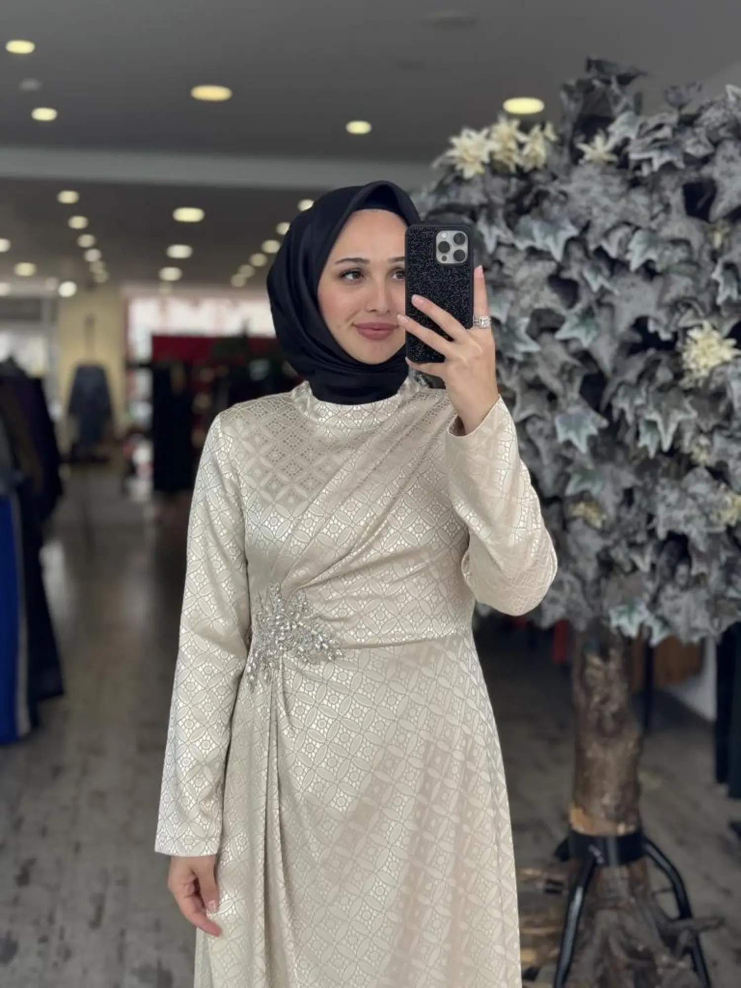 Almarwah Önden Drapeli Beli Taş Detaylı Tesettür Abiye Elbise 90479