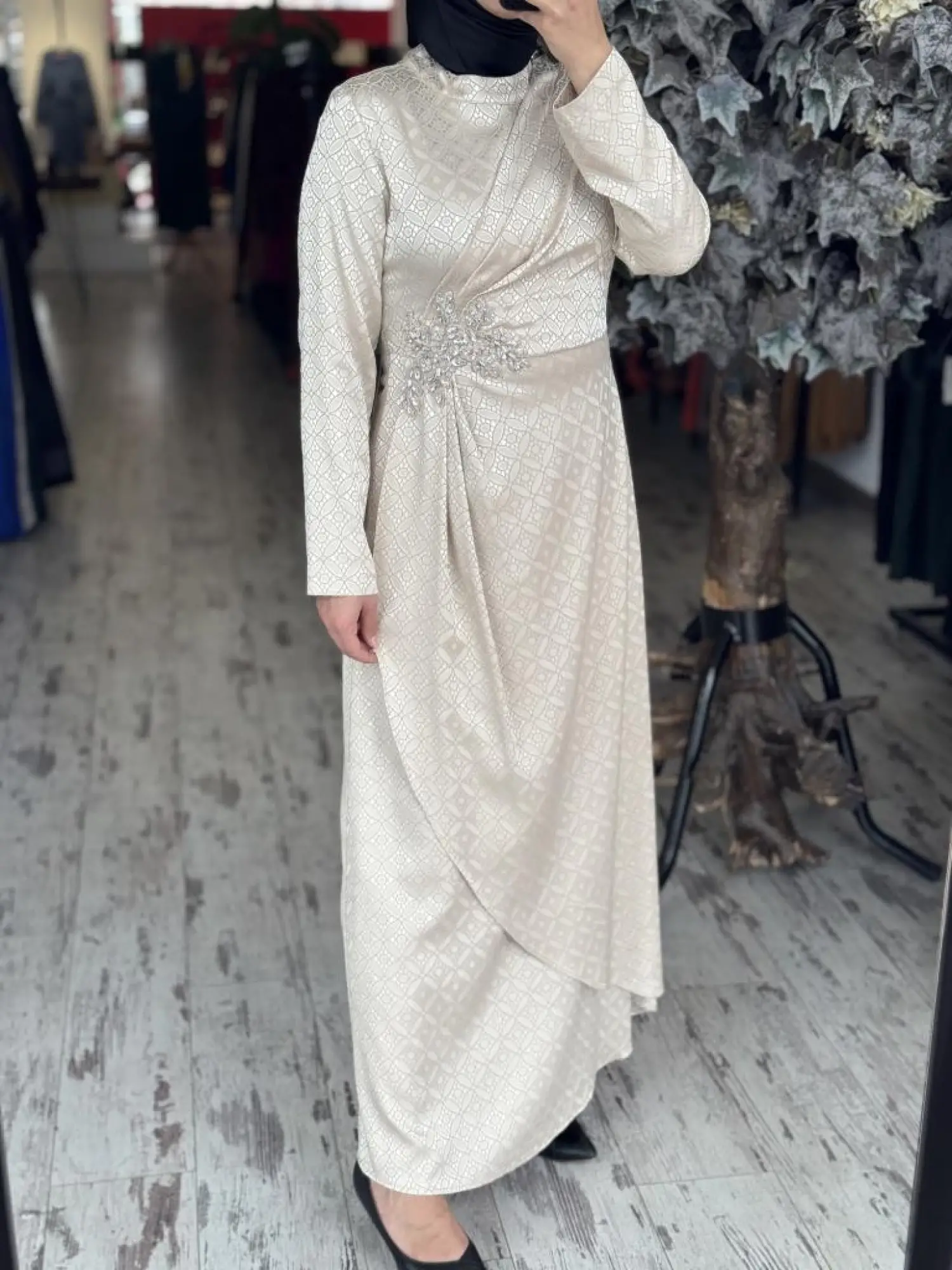 Almarwah Önden Drapeli Beli Taş Detaylı Tesettür Abiye Elbise 90479