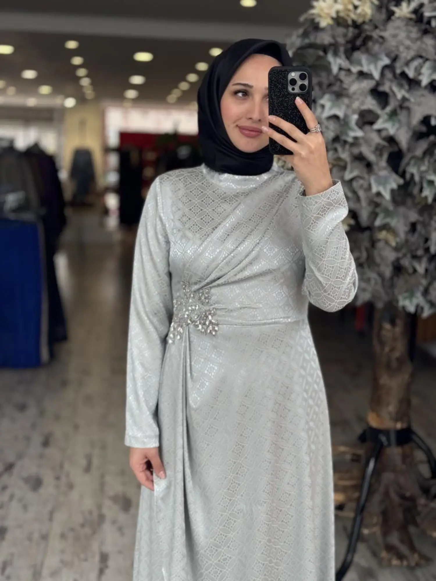 Almarwah Önden Drapeli Beli Taş Detaylı Tesettür Abiye Elbise 90479