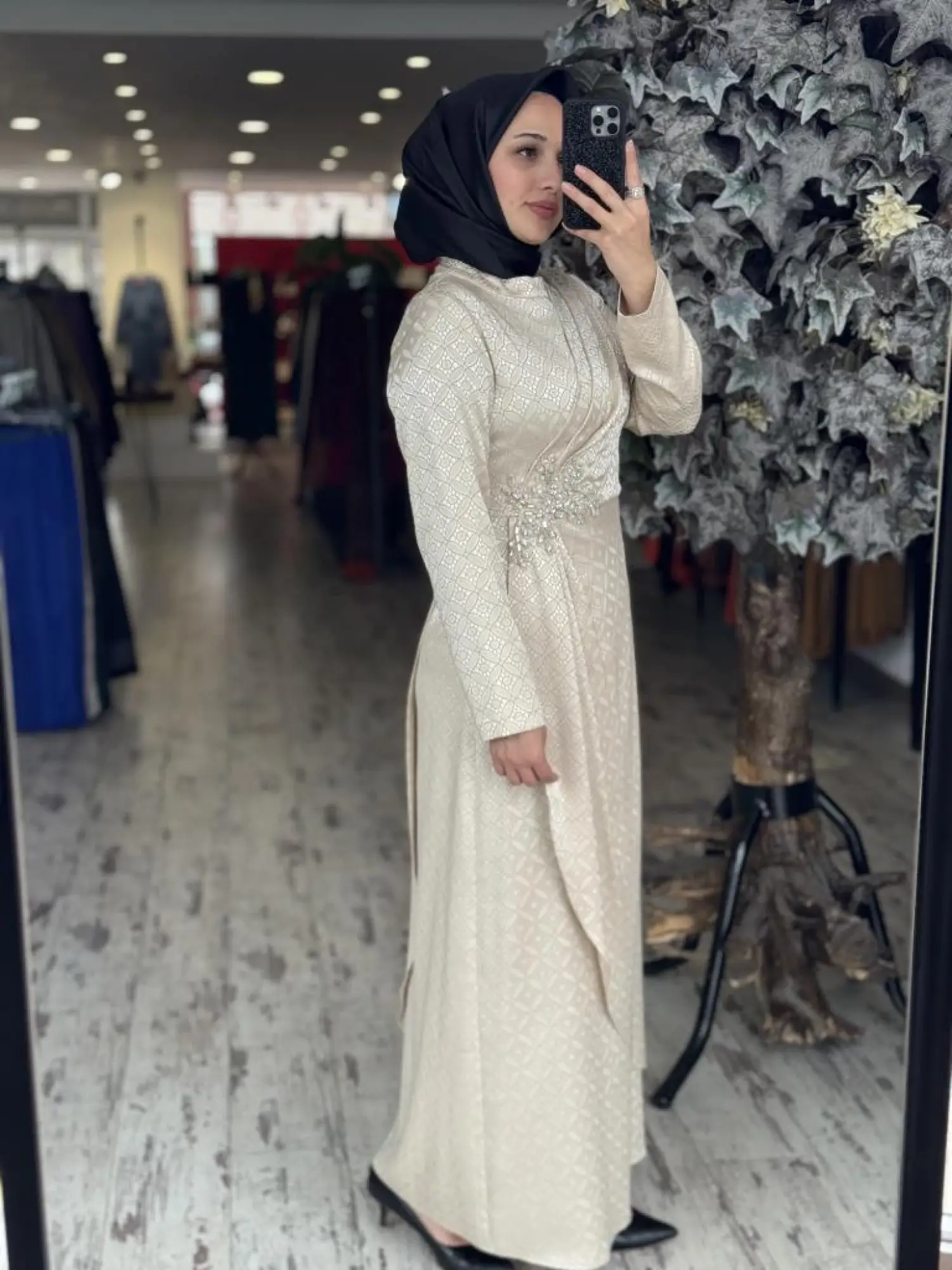 Almarwah Önden Drapeli Beli Taş Detaylı Tesettür Abiye Elbise 90479