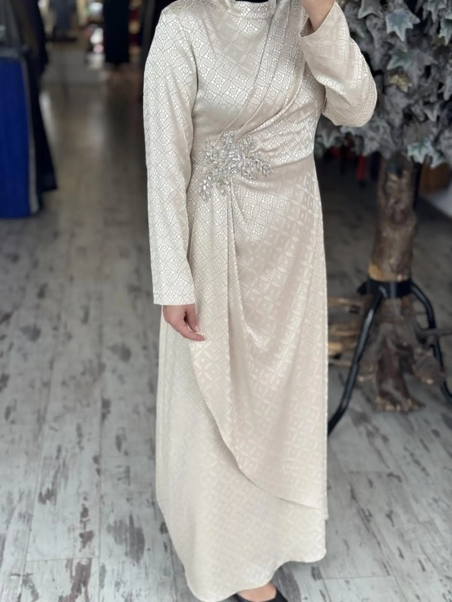 Almarwah Önden Drapeli Beli Taş Detaylı Tesettür Abiye Elbise 90479