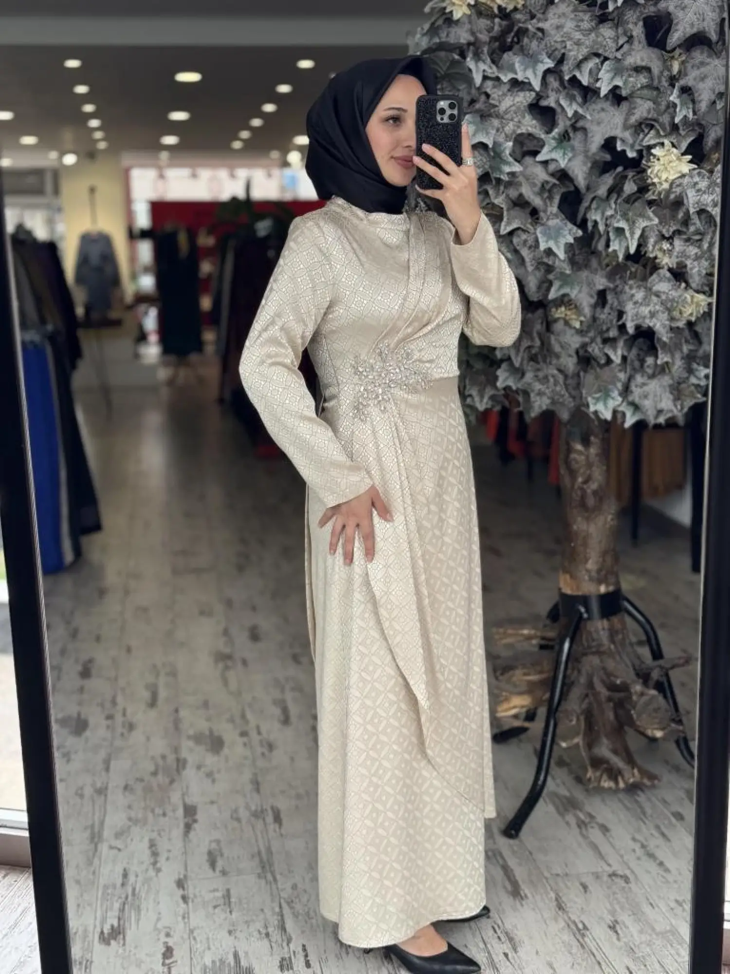 Almarwah Önden Drapeli Beli Taş Detaylı Tesettür Abiye Elbise 90479