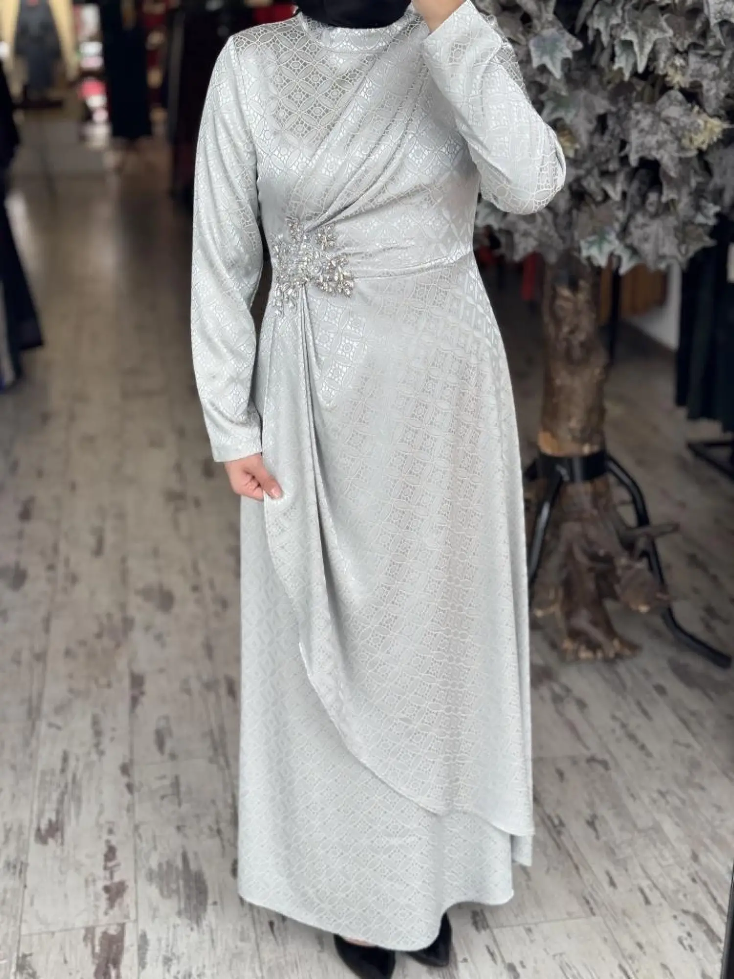 Almarwah Önden Drapeli Beli Taş Detaylı Tesettür Abiye Elbise 90479