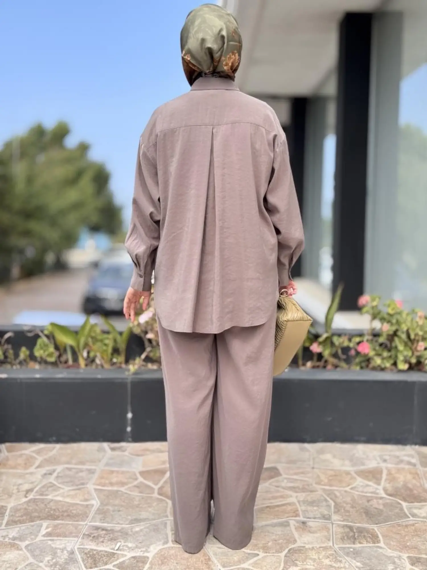 Almarwah Organze Çiçek Desenli Gömlek Pantolon Takım 202903