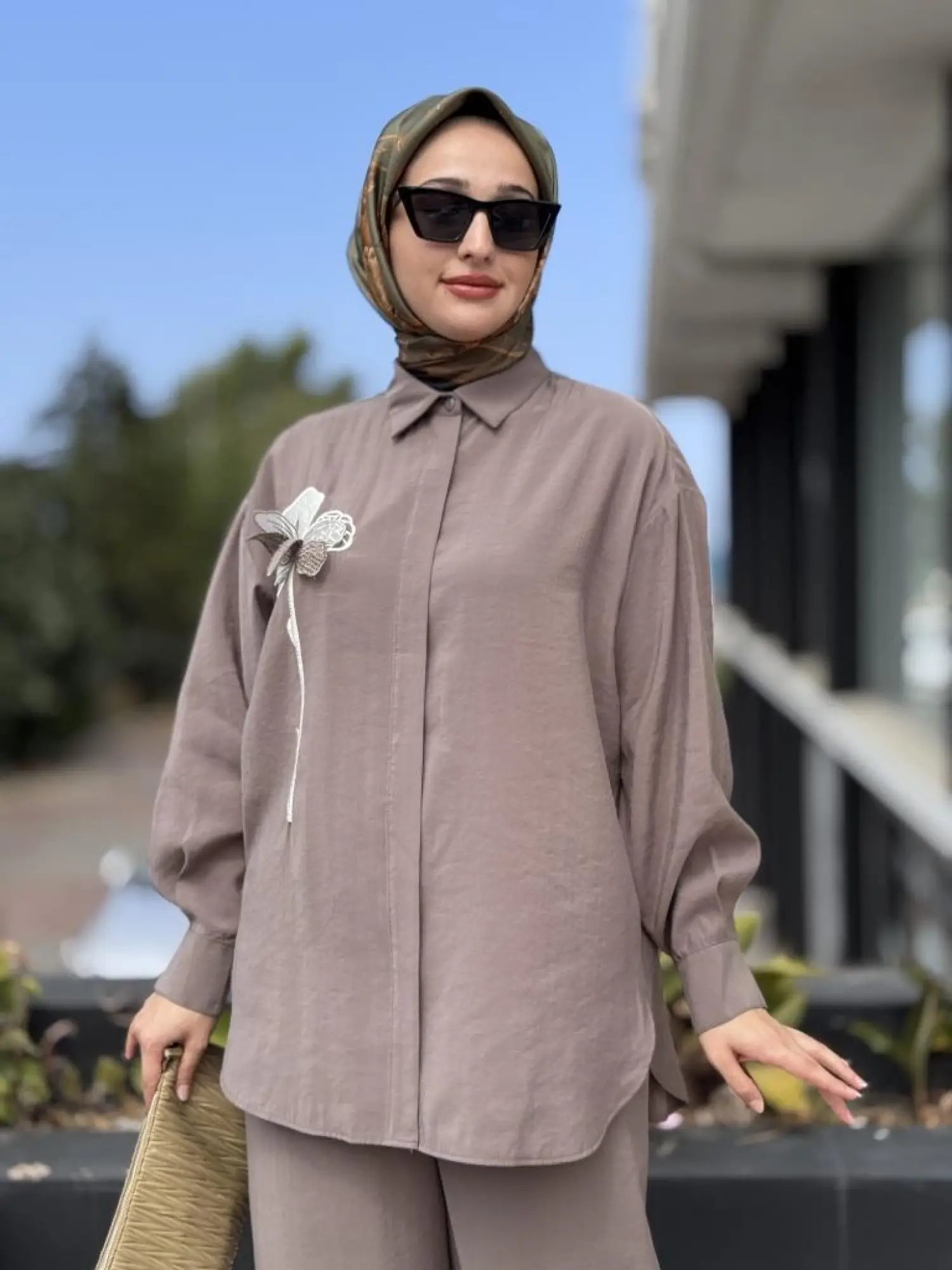 Almarwah Organze Çiçek Desenli Gömlek Pantolon Takım 202903