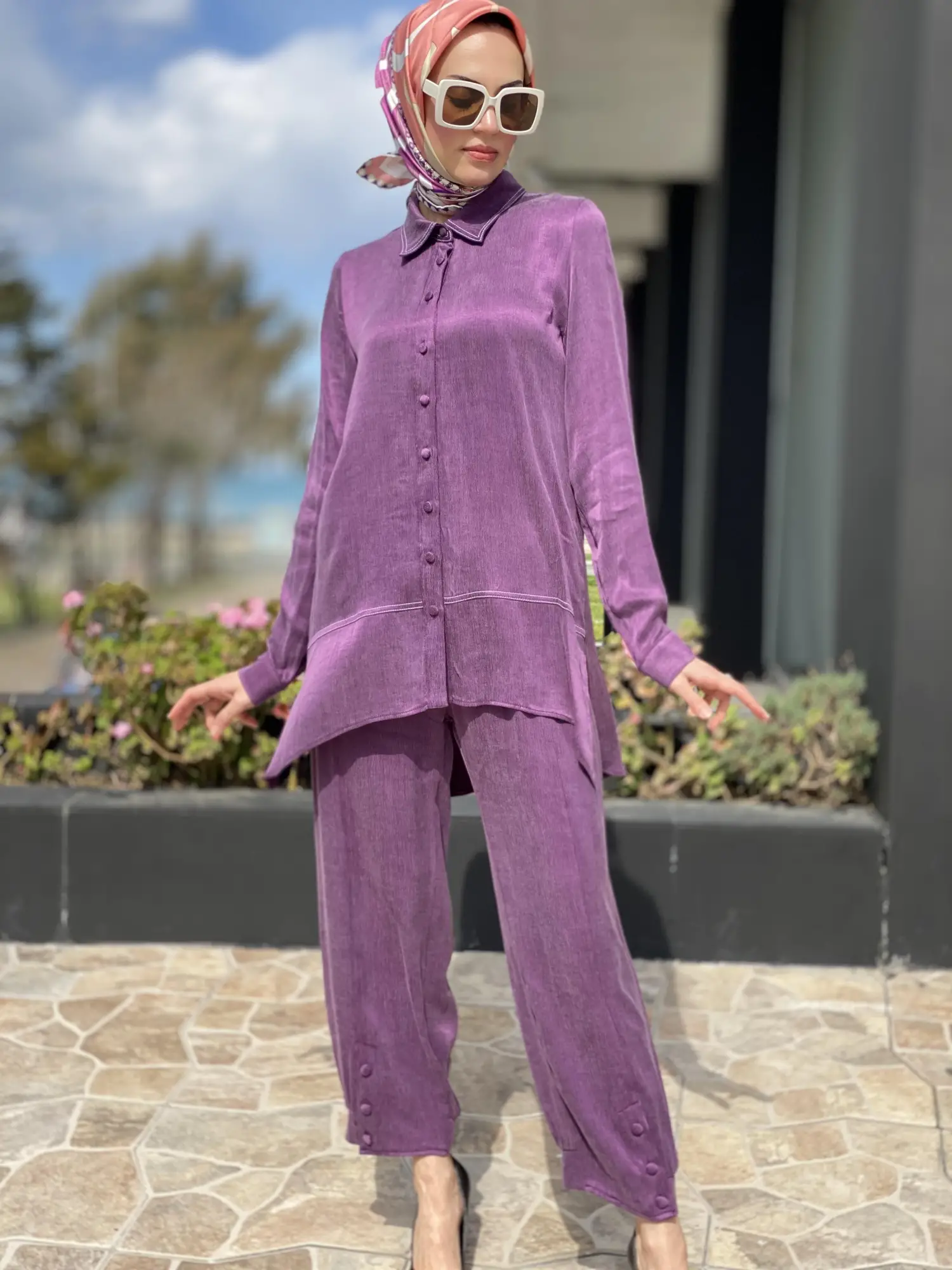 Almarwah Paçası Düğmeli Beli Lastikli Cupra İpek Pantolon 606045