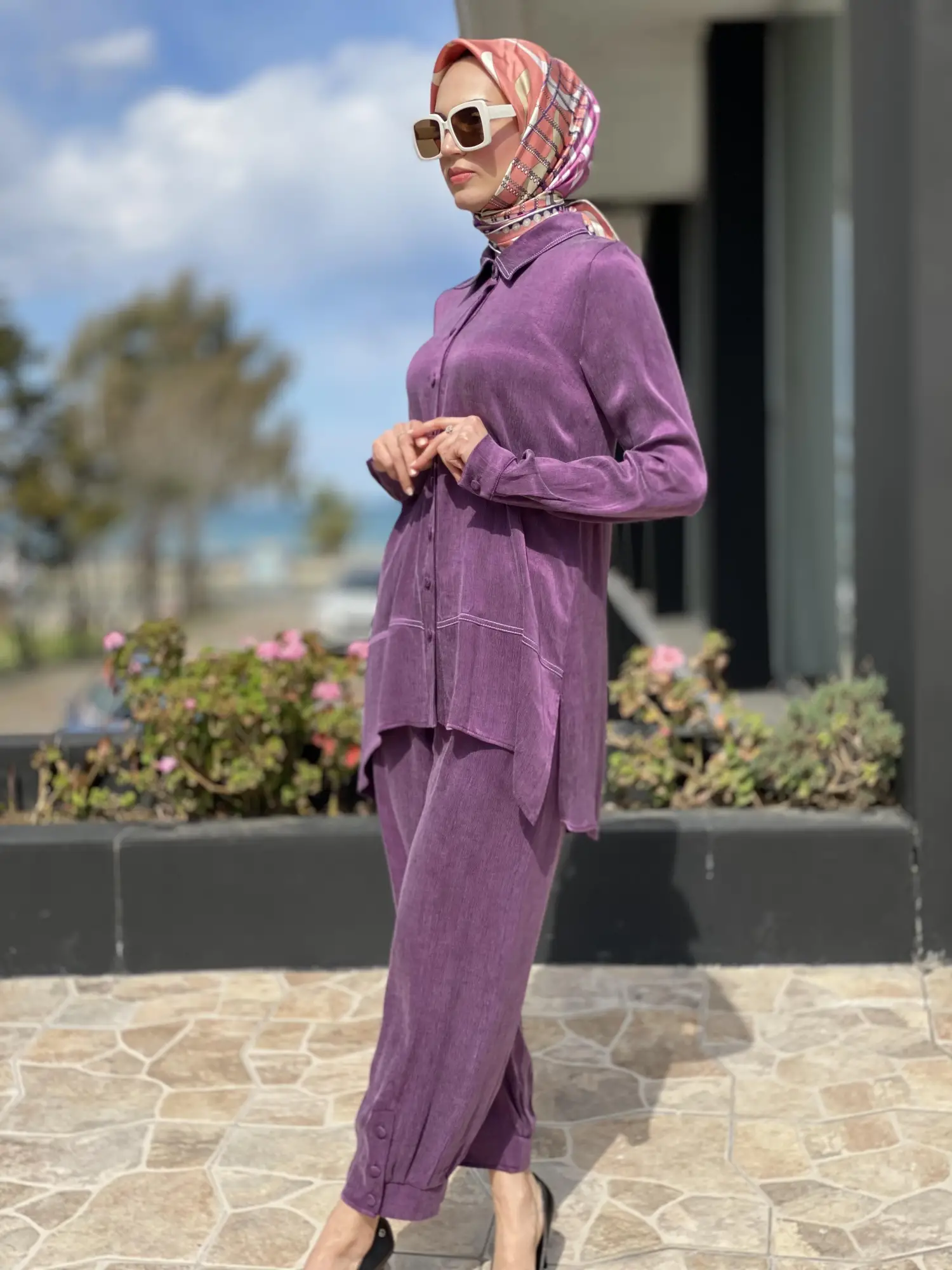 Almarwah Paçası Düğmeli Beli Lastikli Cupra İpek Pantolon 606045