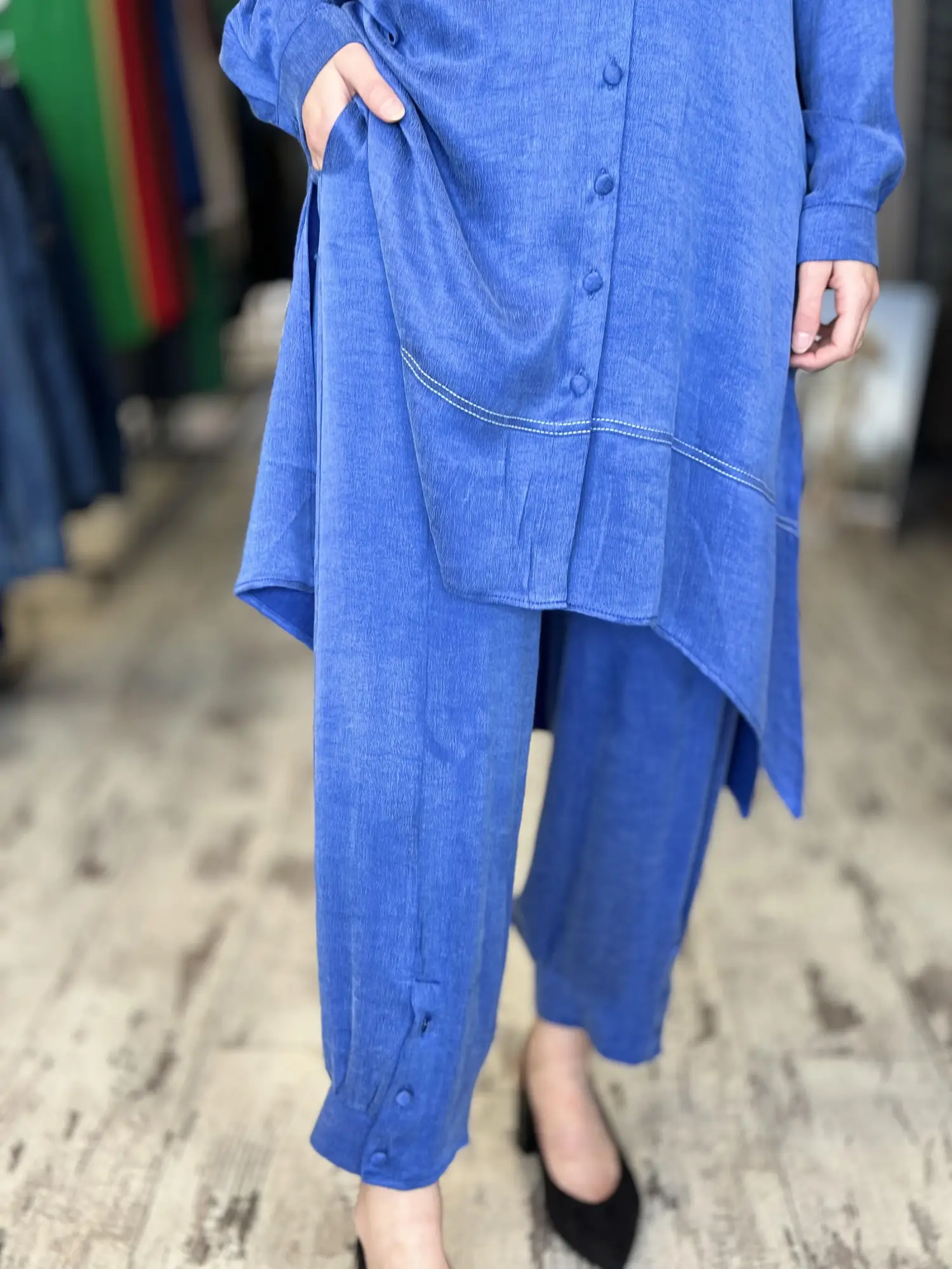 Almarwah Paçası Düğmeli Beli Lastikli Cupra İpek Pantolon 606045