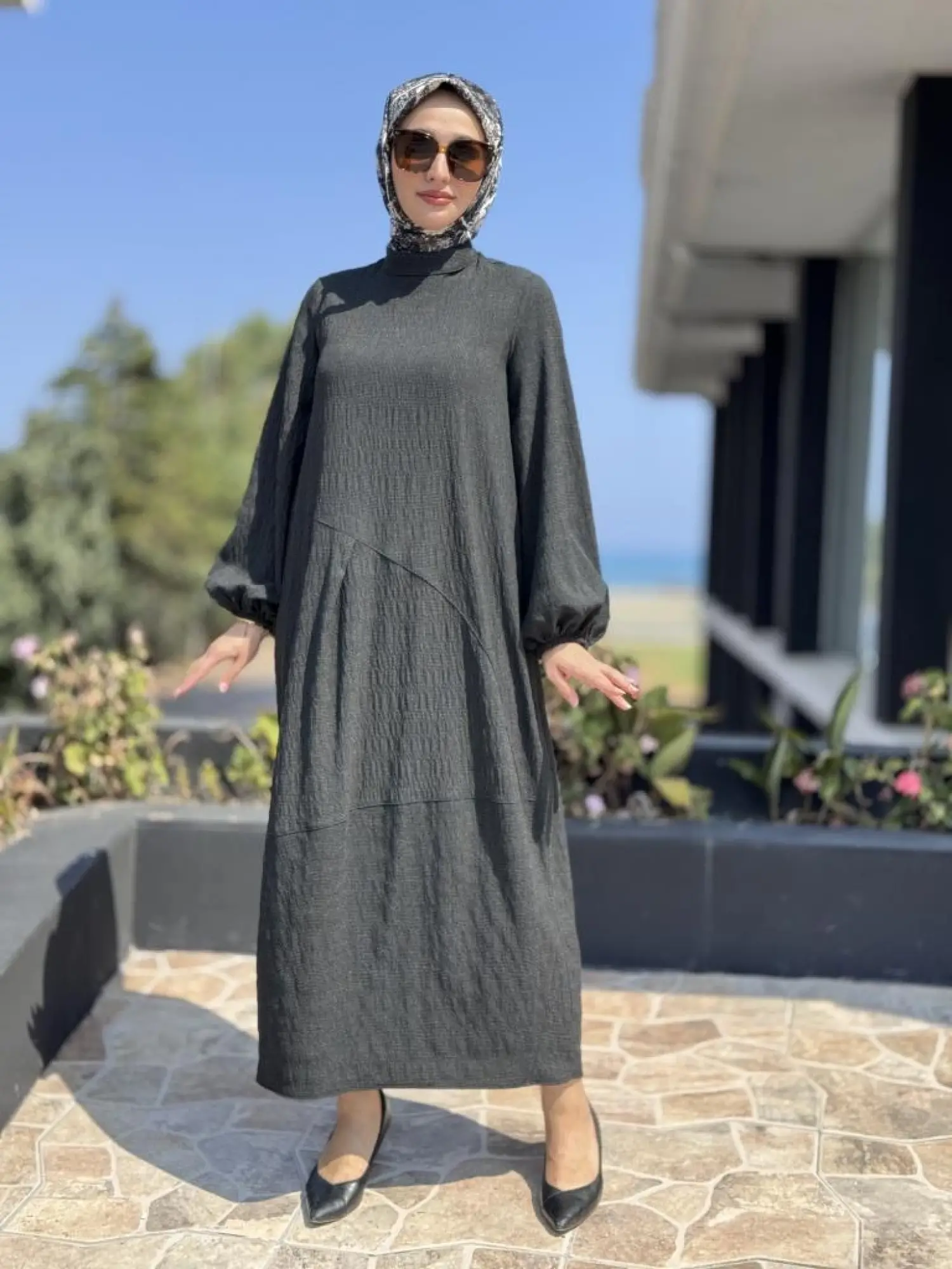 Almarwah Pitikare Desenli Asimetrik Pens Detaylı Elbise 303880