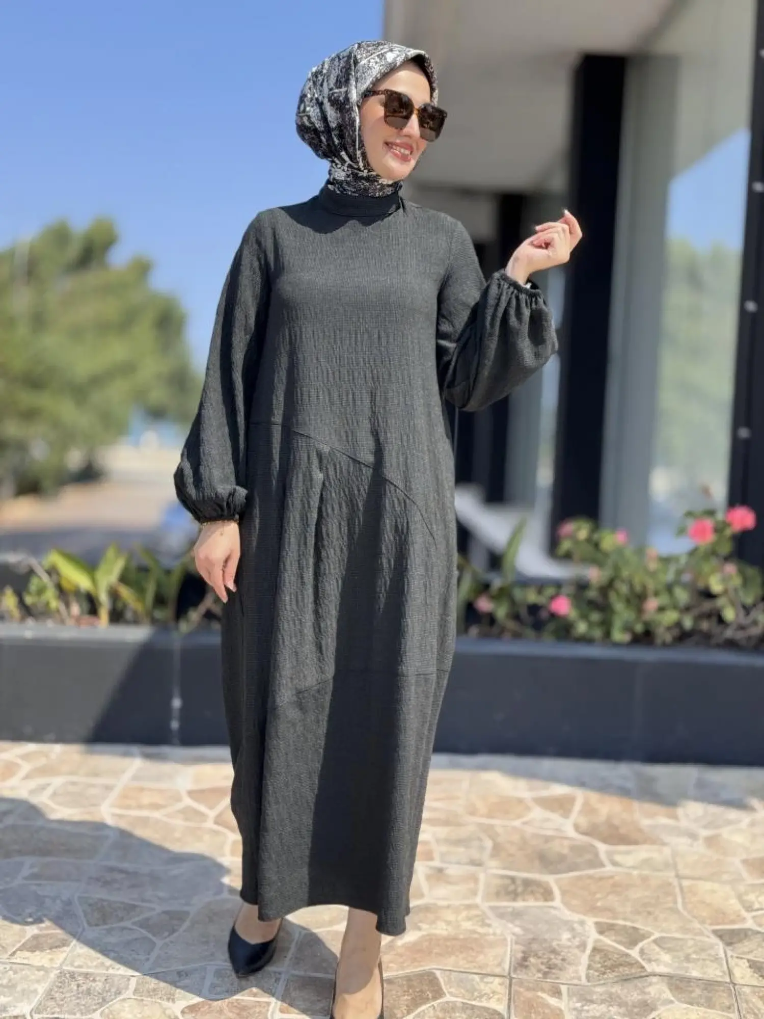 Almarwah Pitikare Desenli Asimetrik Pens Detaylı Elbise 303880