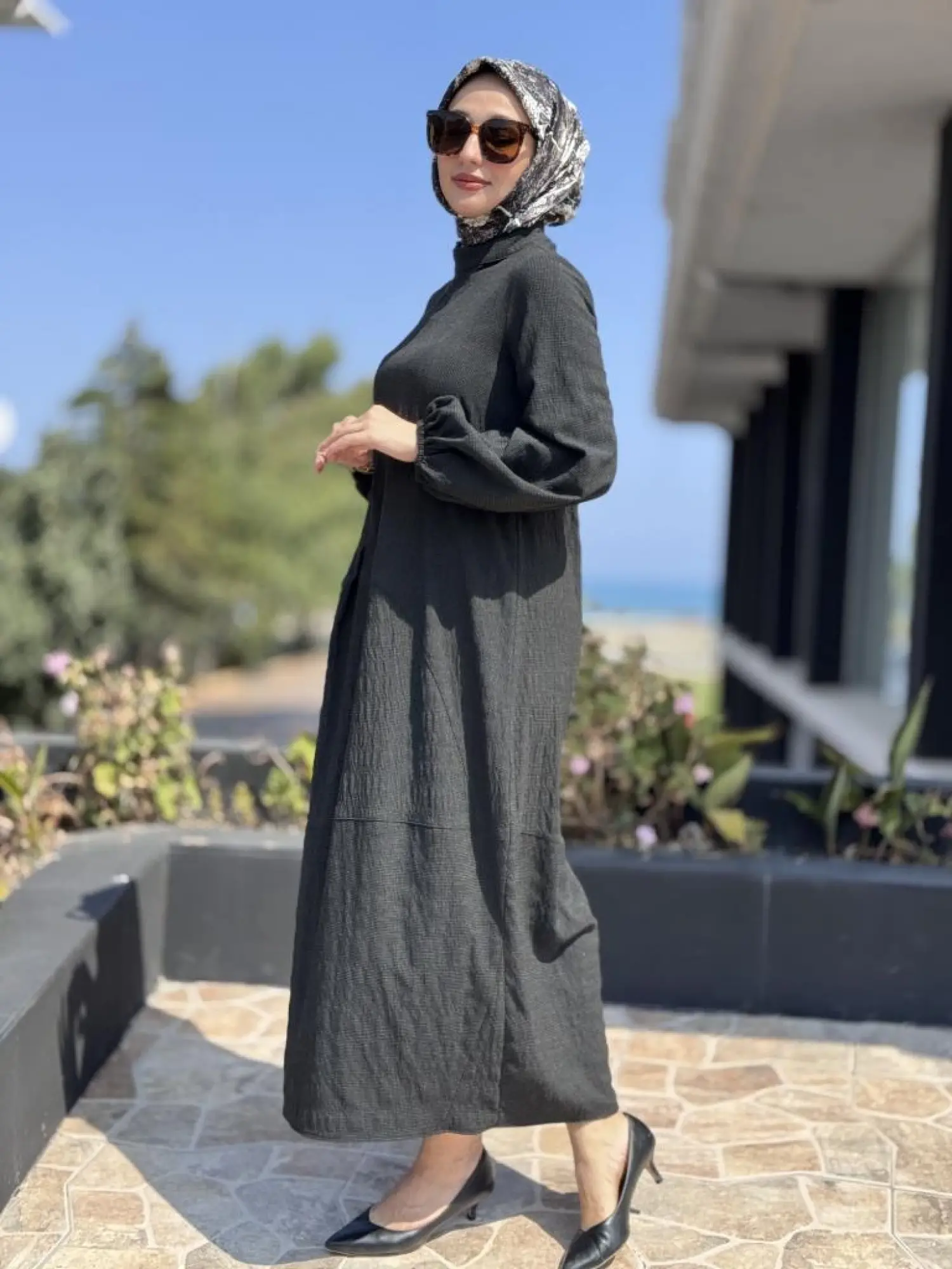 Almarwah Pitikare Desenli Asimetrik Pens Detaylı Elbise 303880