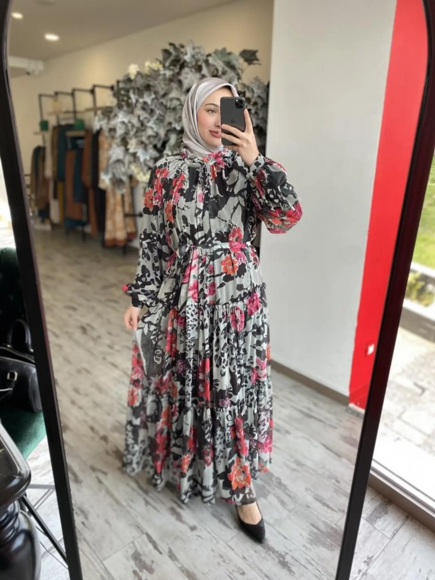 Almarwah Yakası Büzgülü Astarlı Şifon Elbise 303816