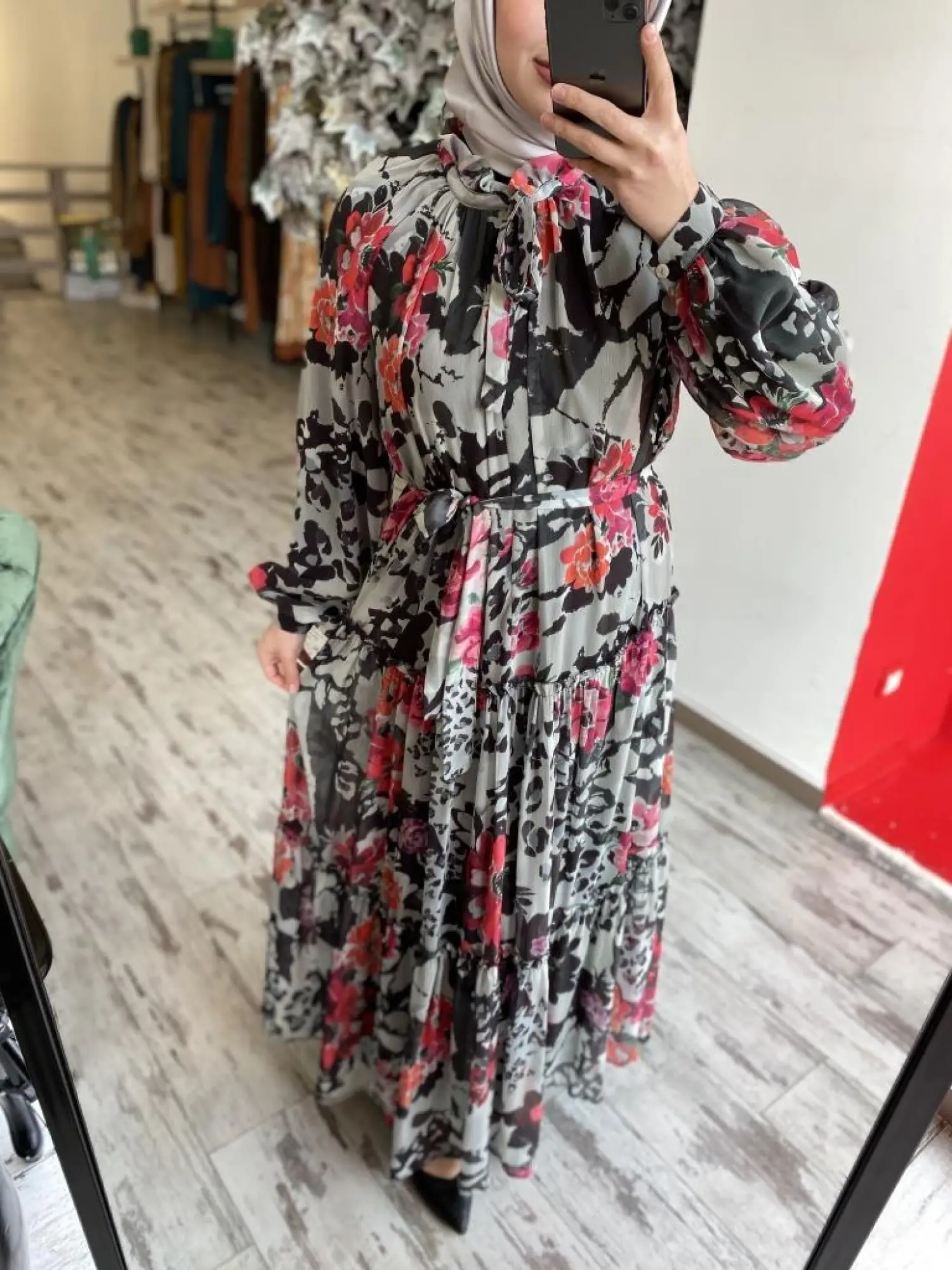 Almarwah Yakası Büzgülü Astarlı Şifon Elbise 303816