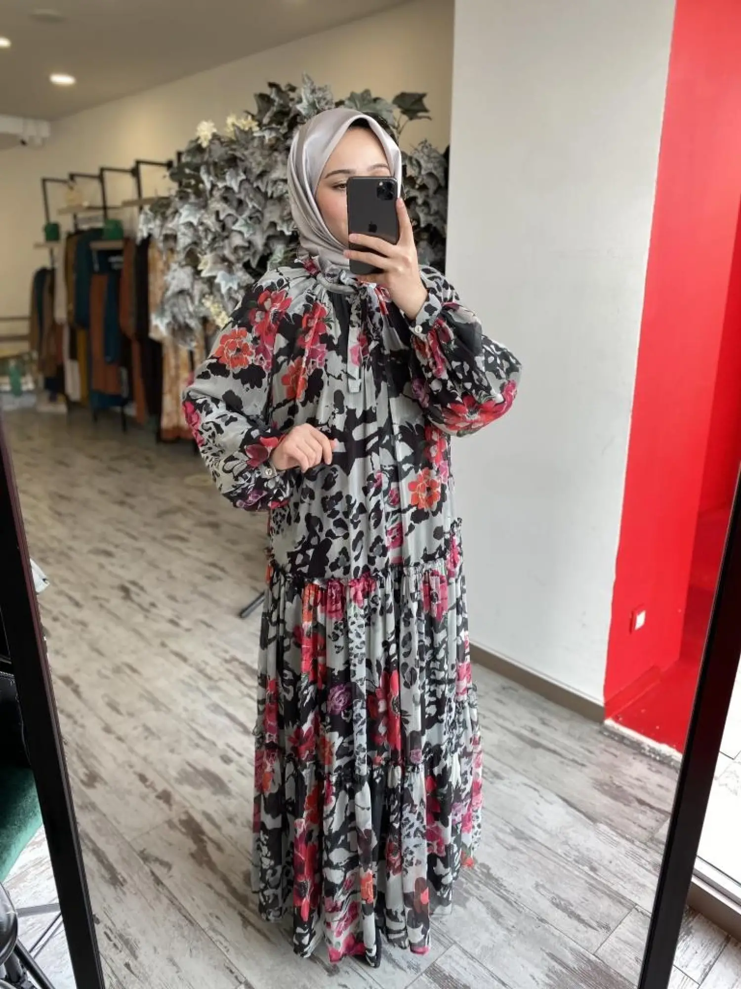 Almarwah Yakası Büzgülü Astarlı Şifon Elbise 303816