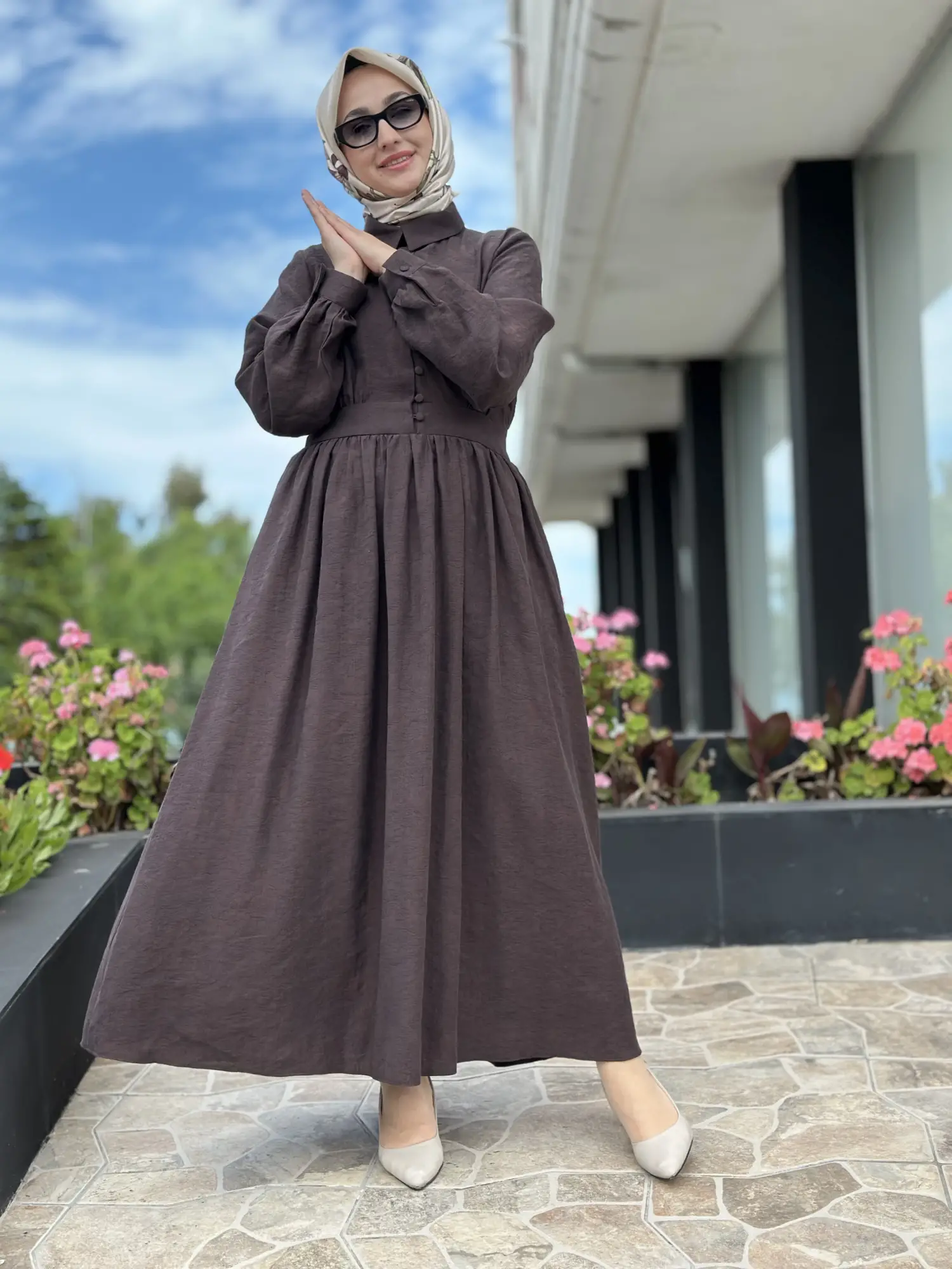Almarwah Yarım Düğme Detaylı Desenli Tencel Elbise 303912