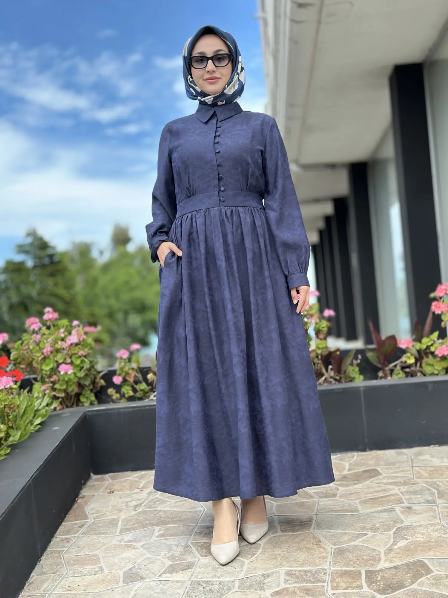 Almarwah Yarım Düğme Detaylı Desenli Tencel Elbise 303912