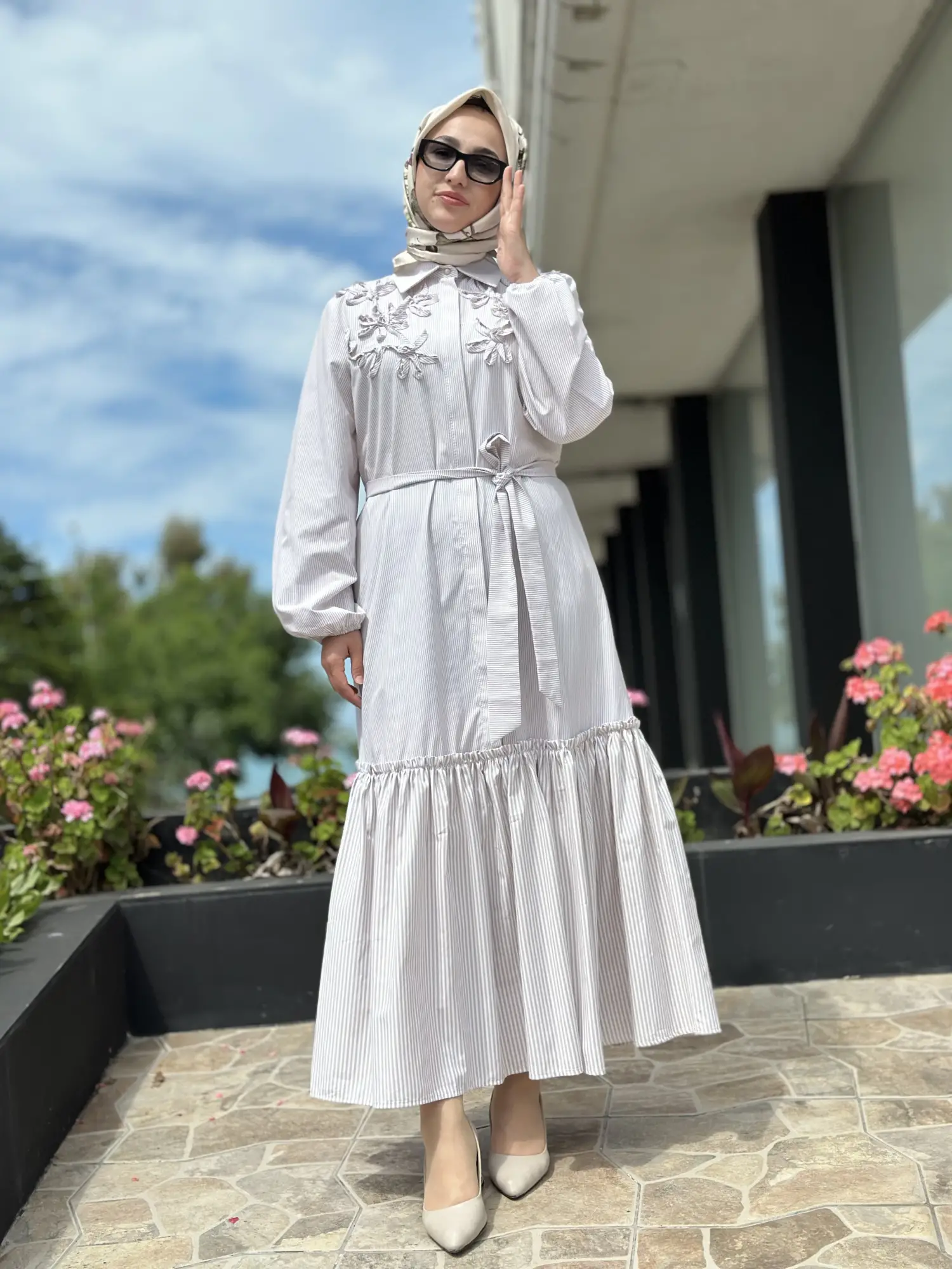 Clande Çizgili Poplin Elbise