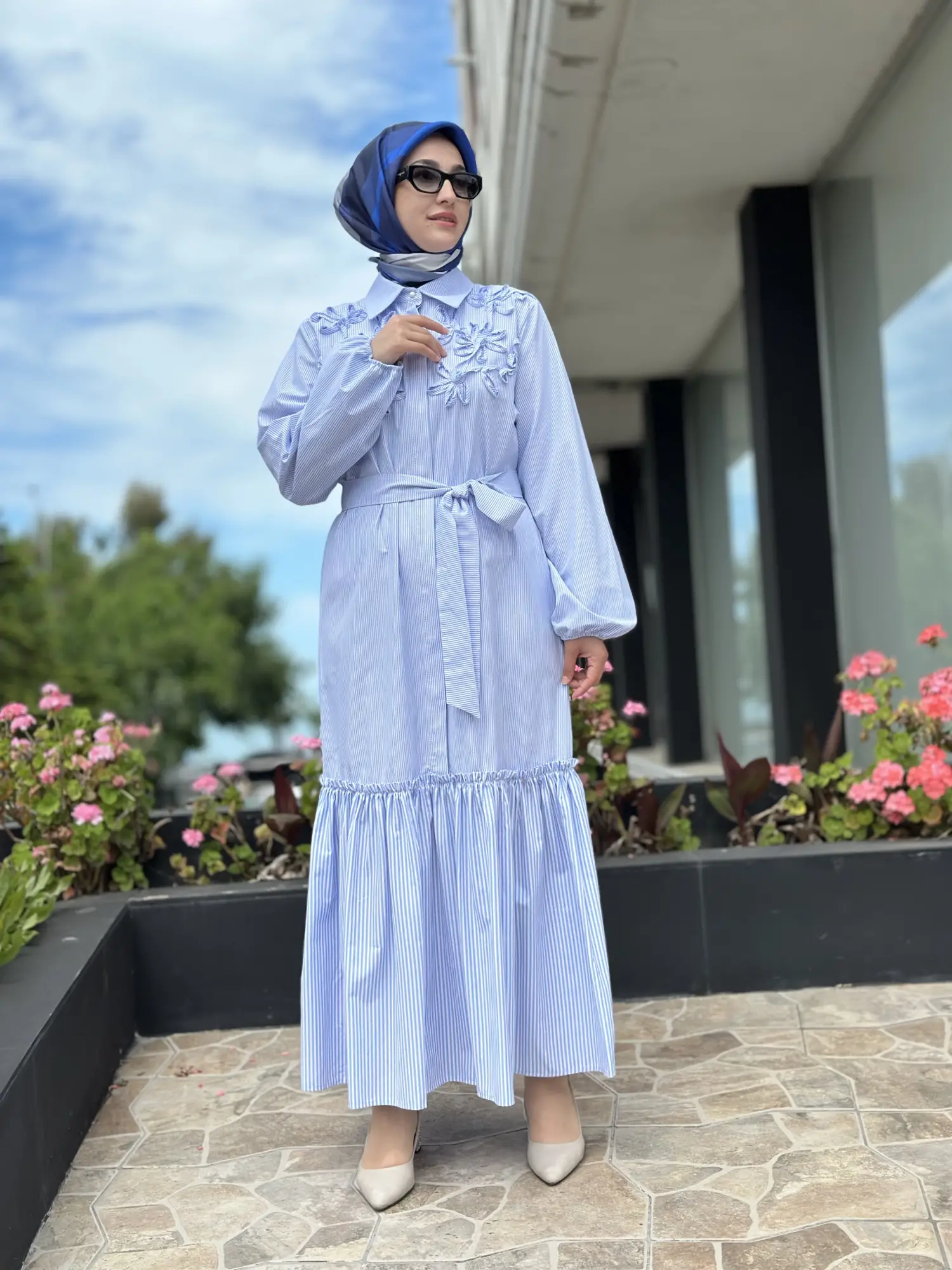 Clande Çizgili Poplin Elbise