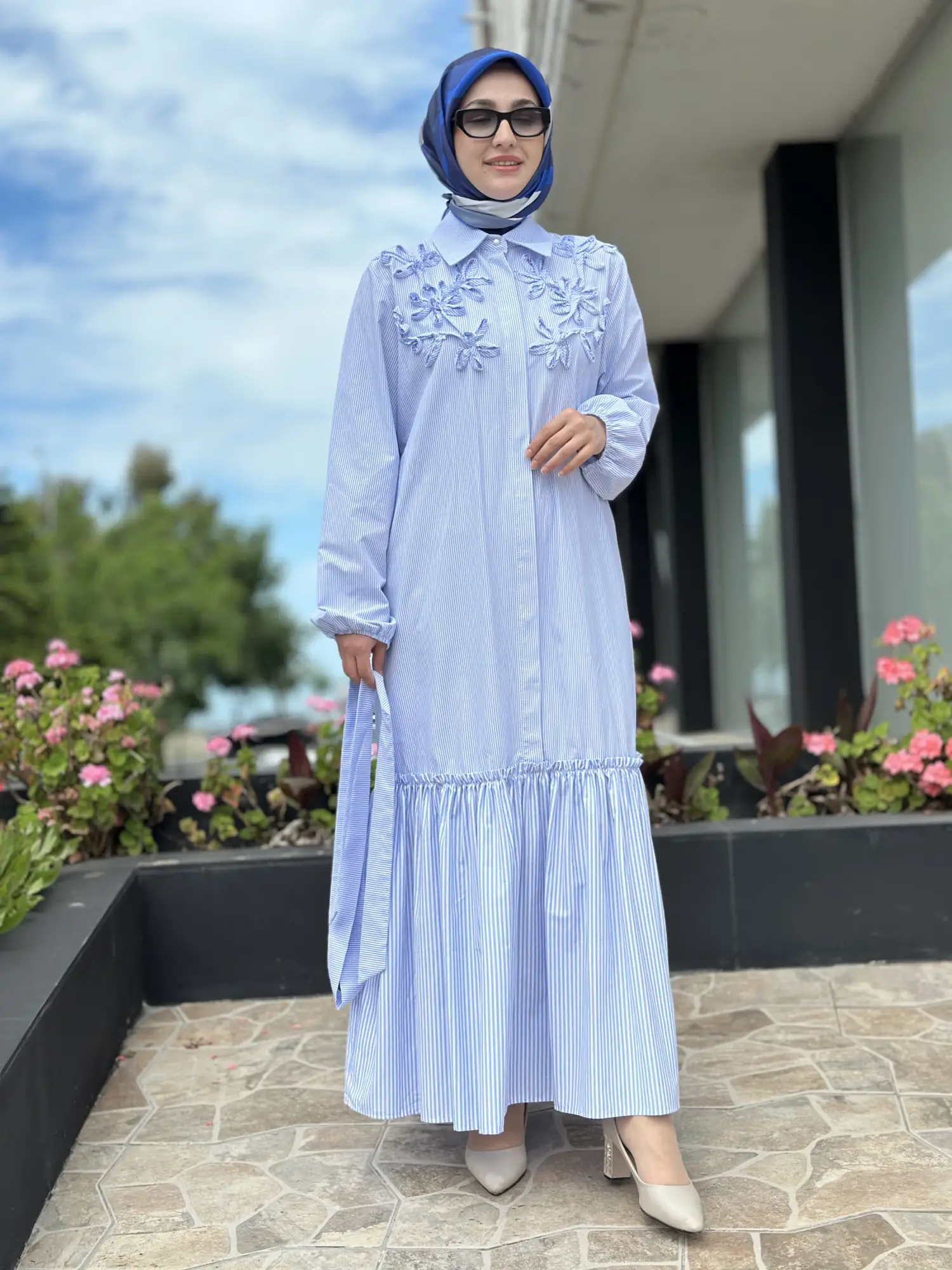 Clande Çizgili Poplin Elbise