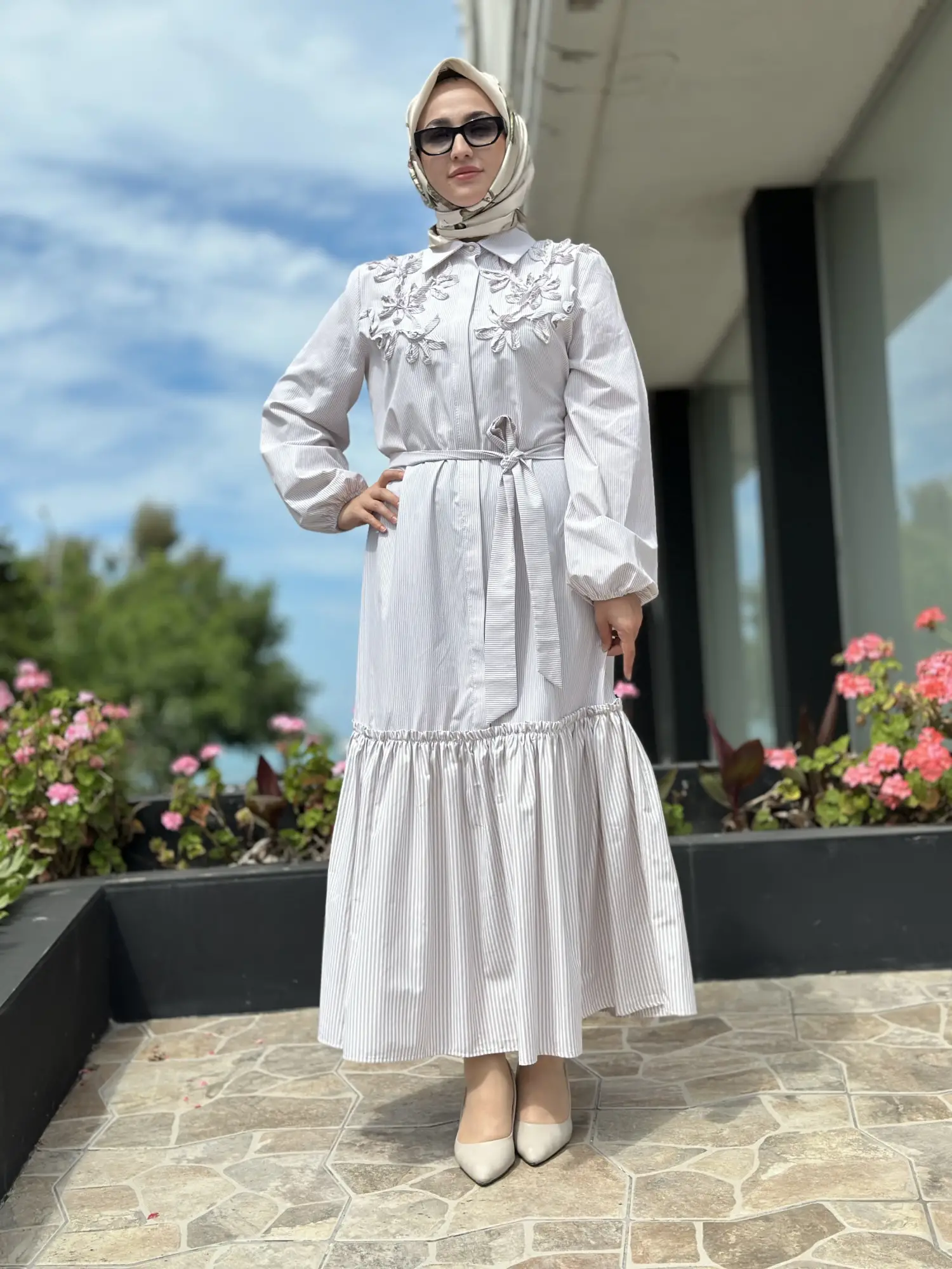 Clande Çizgili Poplin Elbise