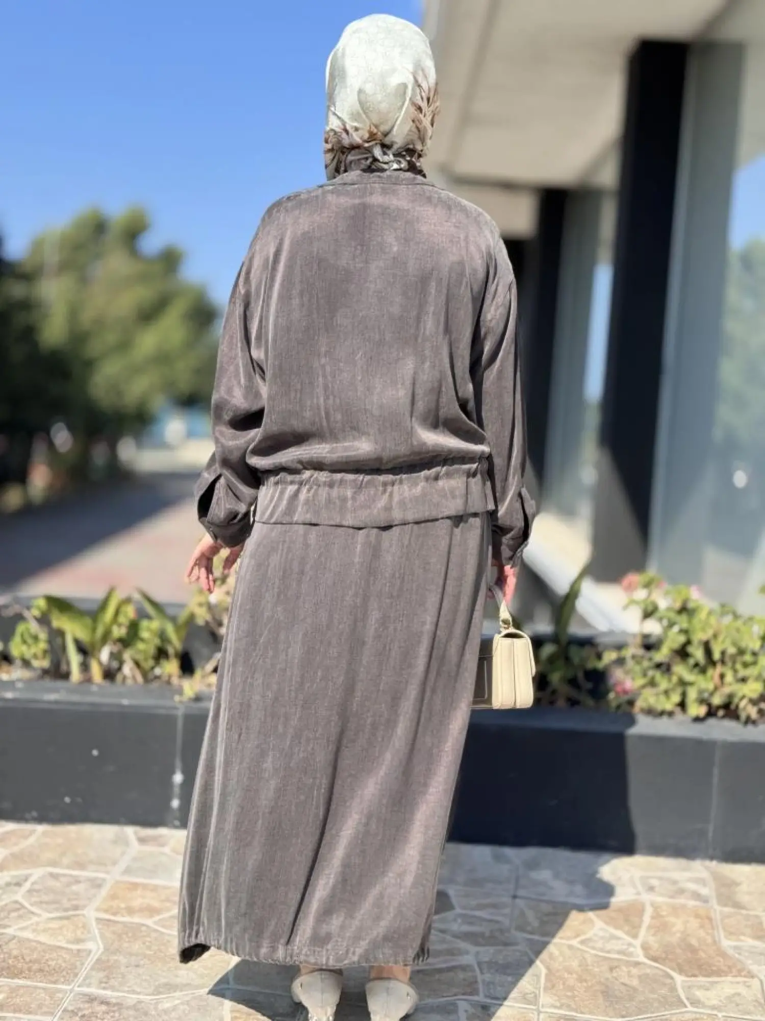 Ghisa Büzgü ve Nervür Detaylı Cupra Ceket Etek Takım 4046