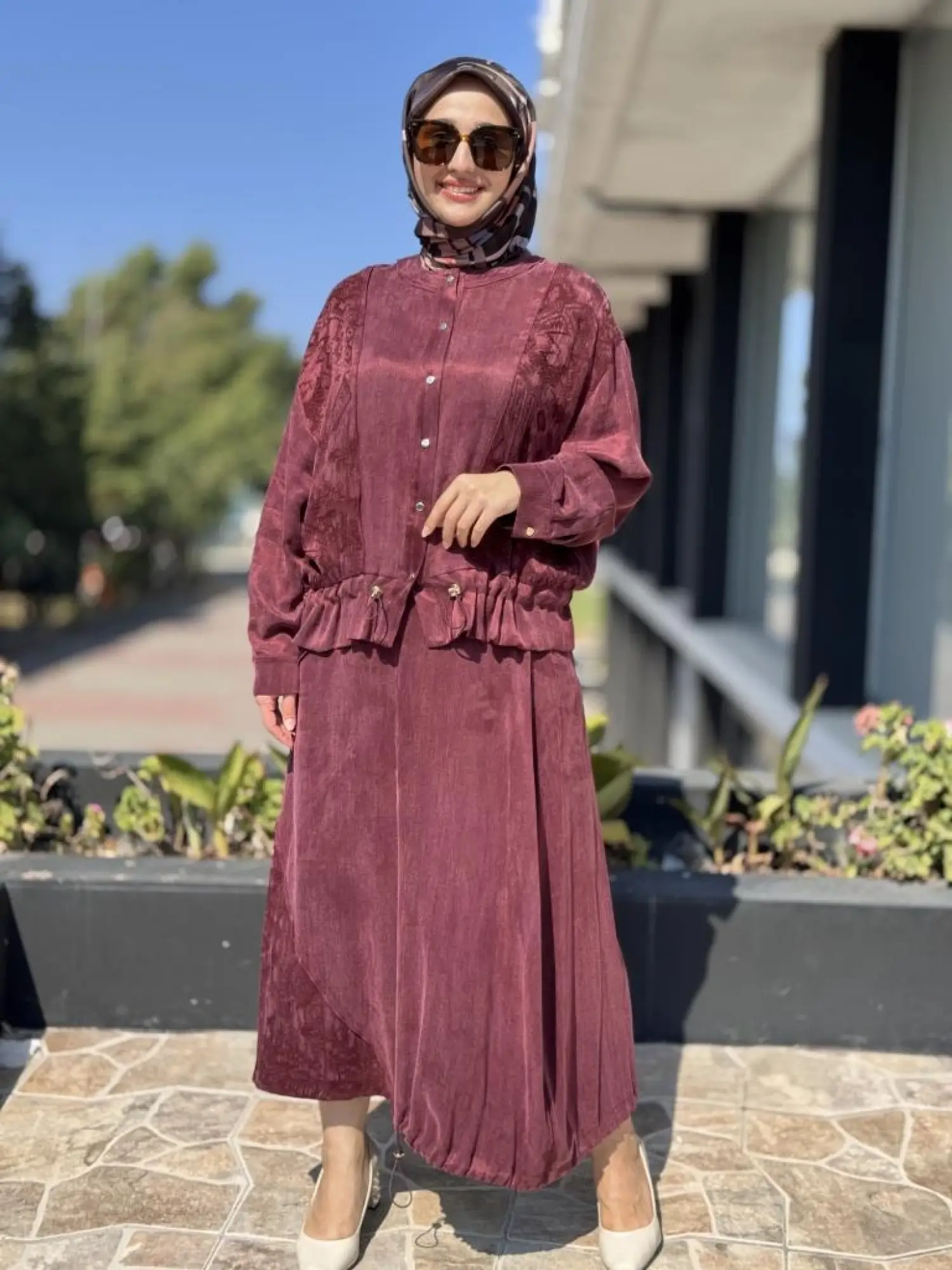 Ghisa Büzgü ve Nervür Detaylı Cupra Ceket Etek Takım 4046