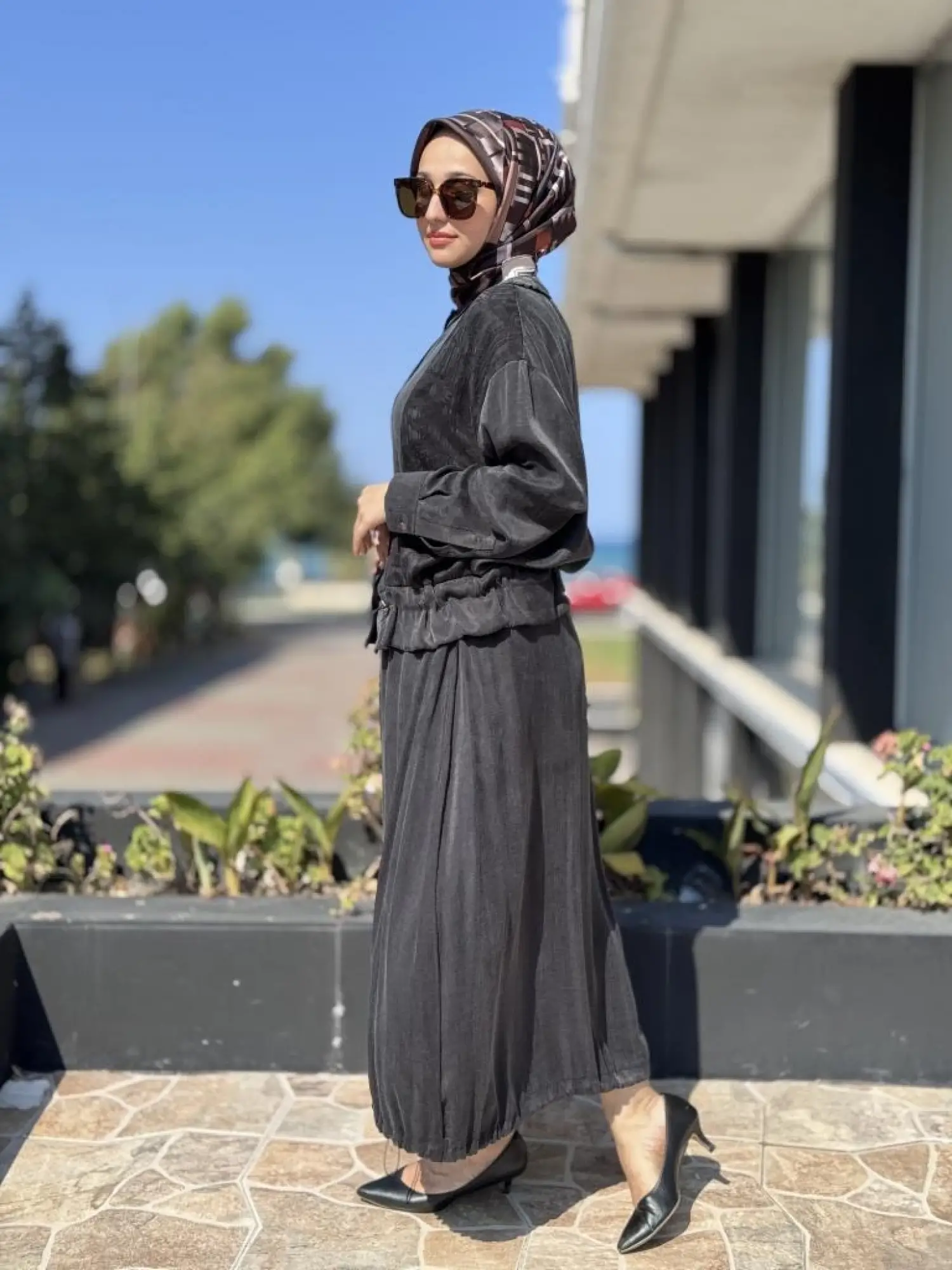 Ghisa Büzgü ve Nervür Detaylı Cupra Ceket Etek Takım 4046