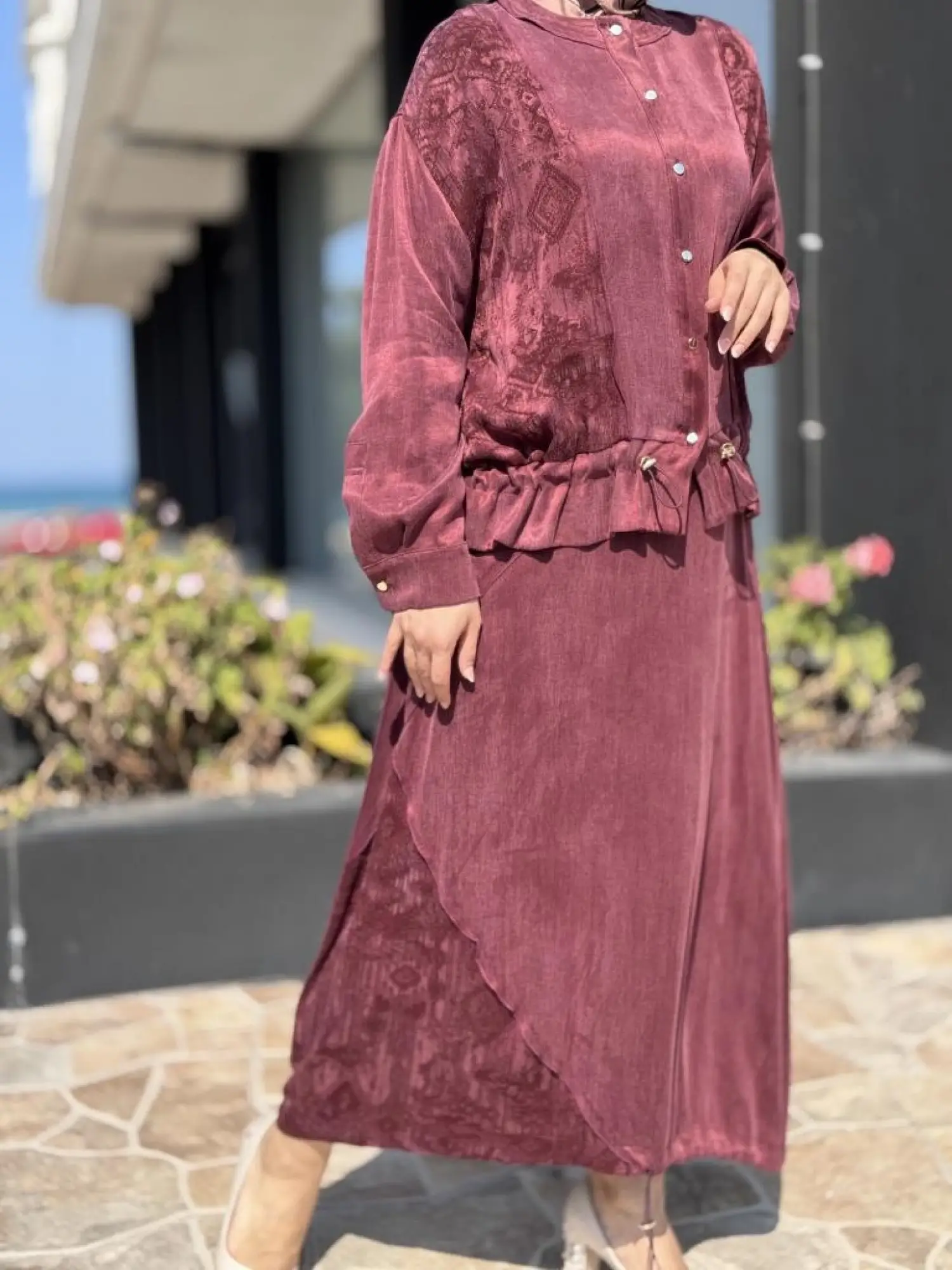 Ghisa Büzgü ve Nervür Detaylı Cupra Ceket Etek Takım 4046