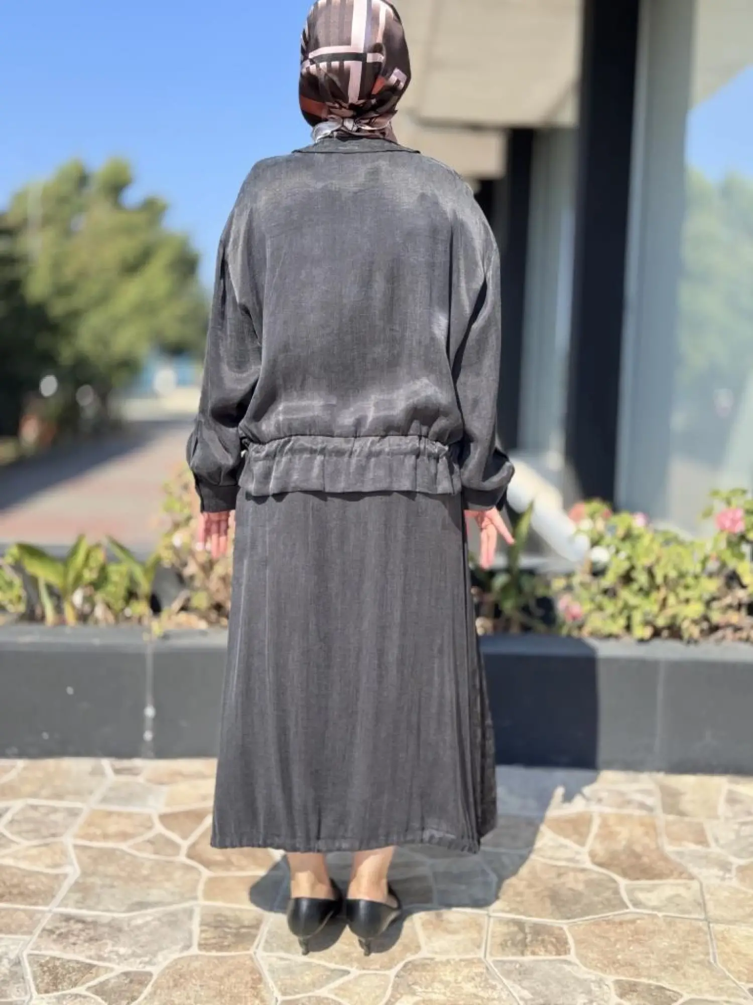 Ghisa Büzgü ve Nervür Detaylı Cupra Ceket Etek Takım 4046