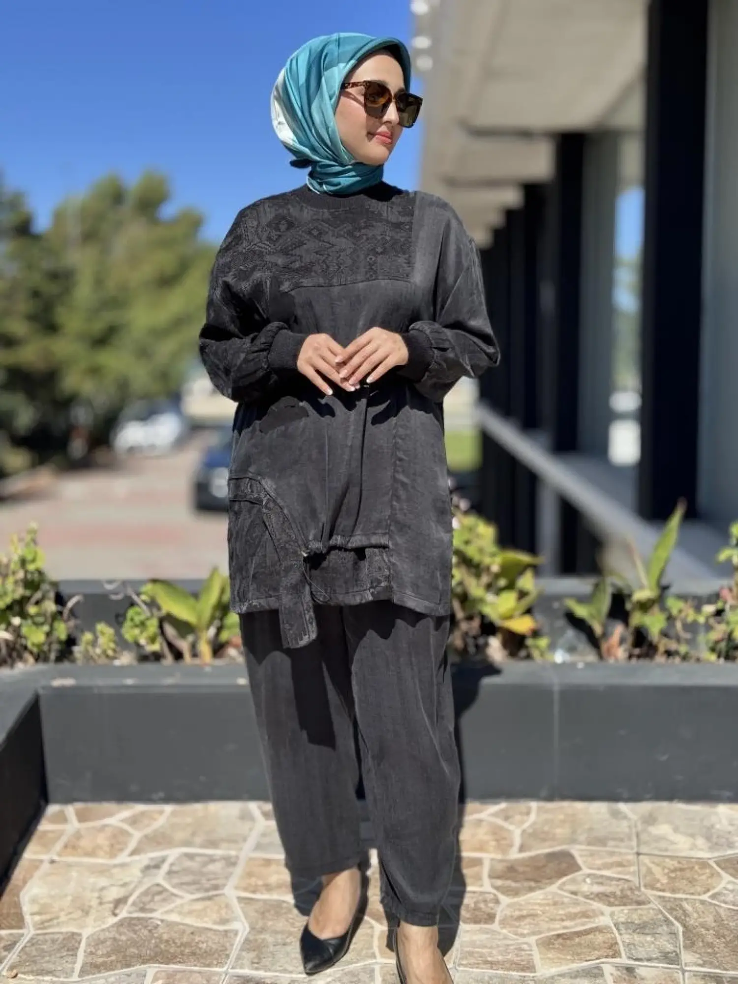 Ghisa Büzgü ve Parça Detaylı Cupra İpek Tunik Pantolon Takım 4049