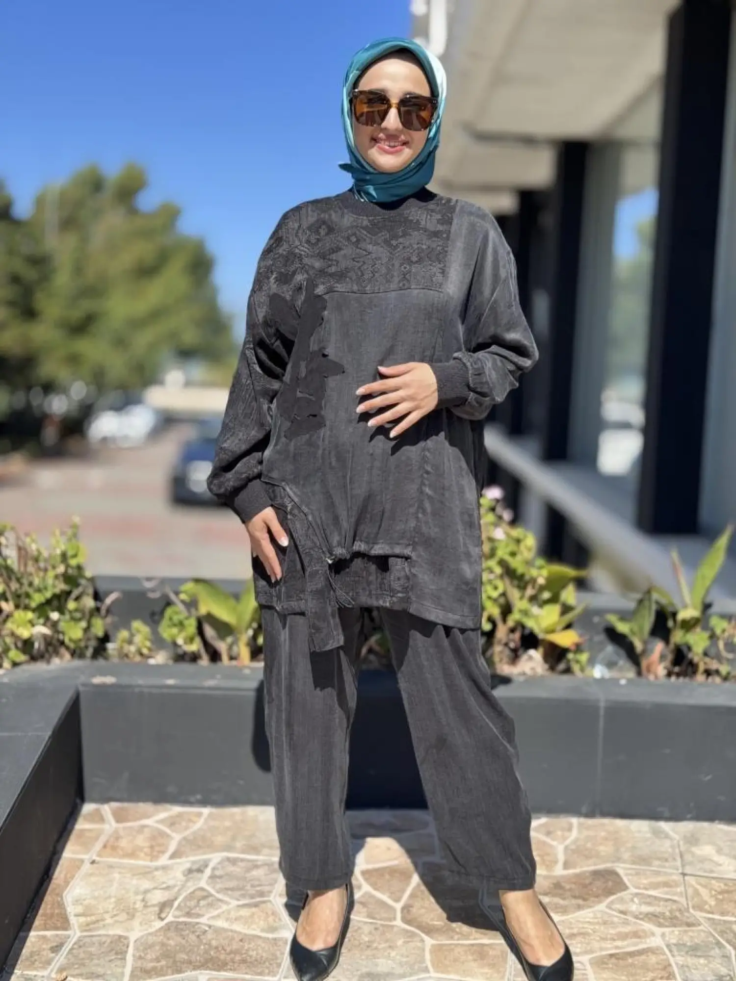 Ghisa Büzgü ve Parça Detaylı Cupra İpek Tunik Pantolon Takım 4049