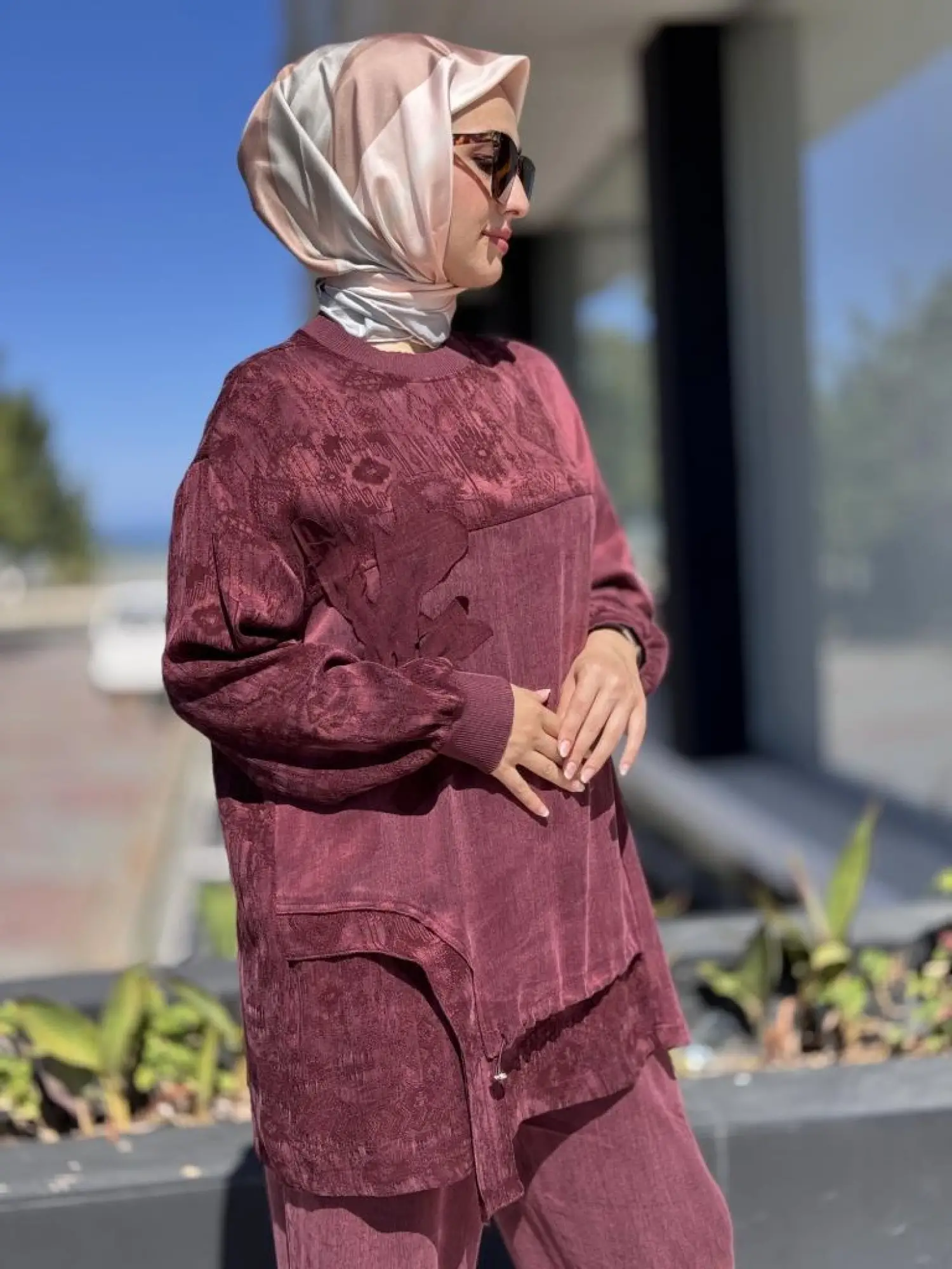 Ghisa Büzgü ve Parça Detaylı Cupra İpek Tunik Pantolon Takım 4049