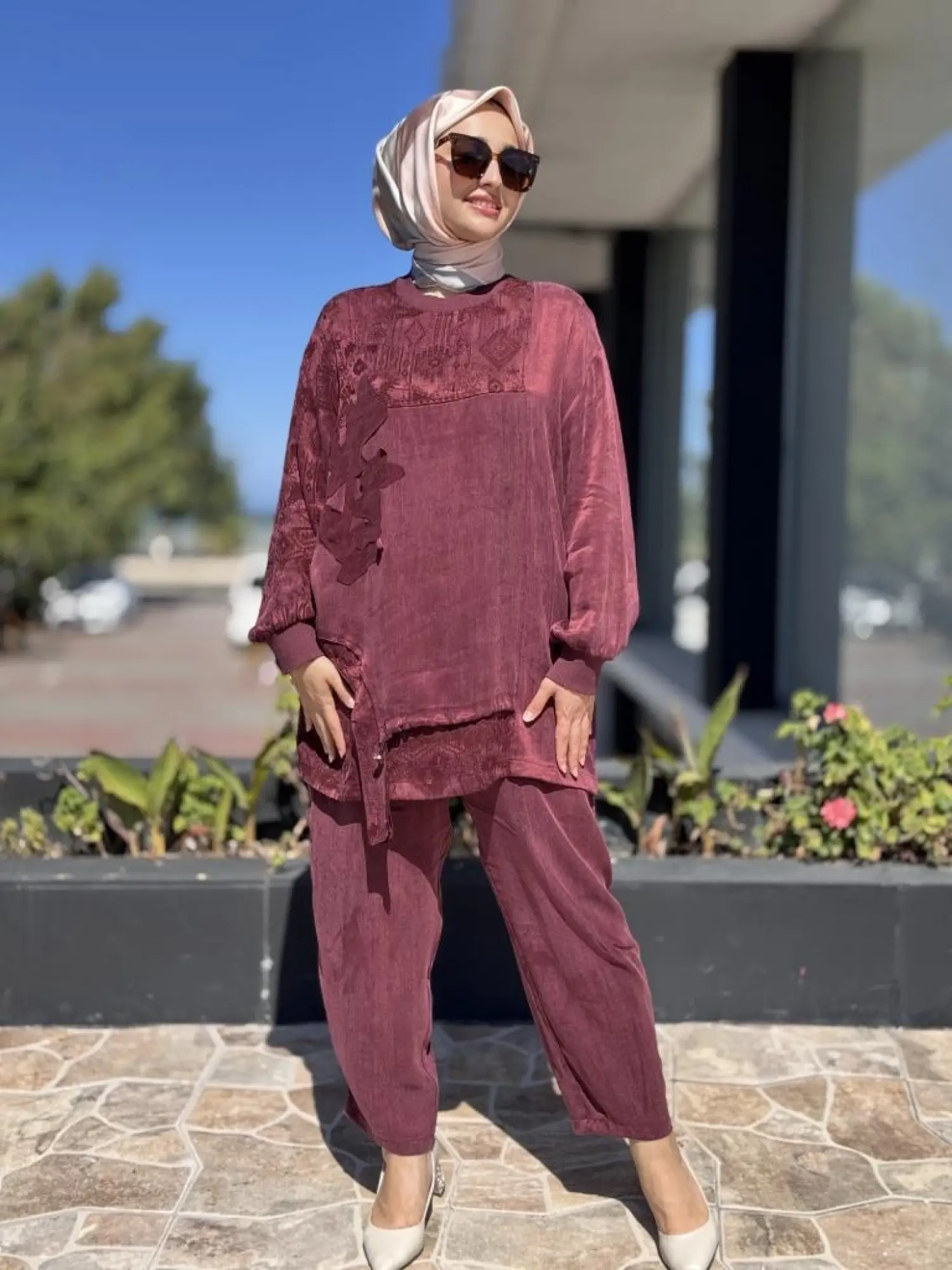 Ghisa Büzgü ve Parça Detaylı Cupra İpek Tunik Pantolon Takım 4049