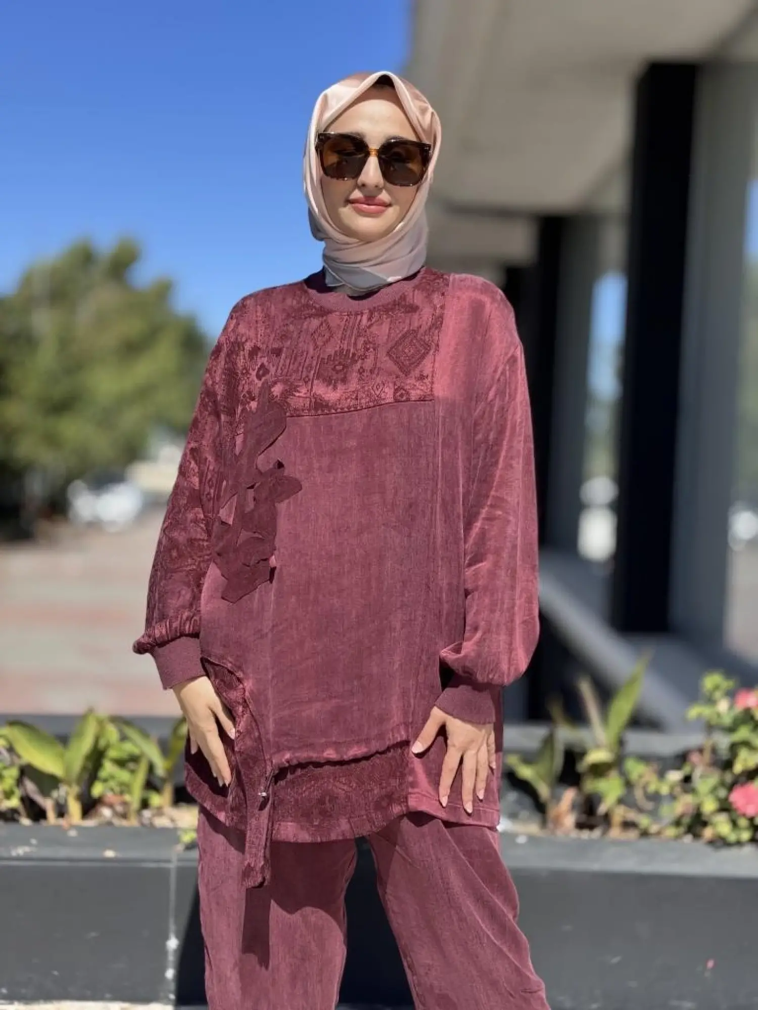 Ghisa Büzgü ve Parça Detaylı Cupra İpek Tunik Pantolon Takım 4049