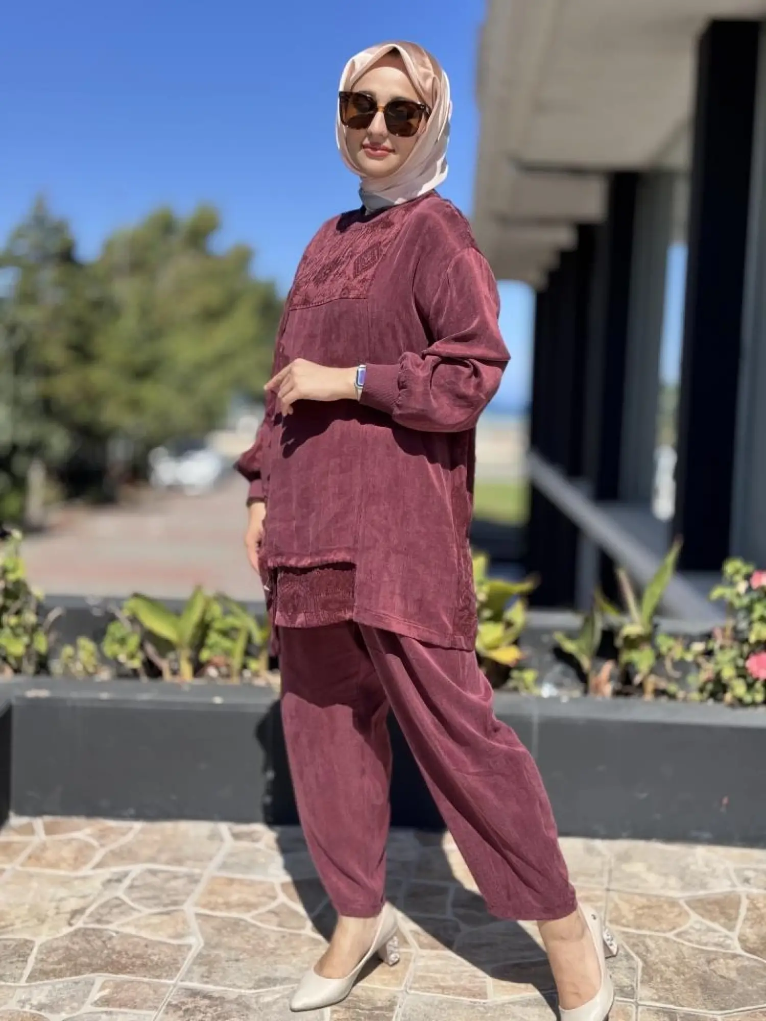 Ghisa Büzgü ve Parça Detaylı Cupra İpek Tunik Pantolon Takım 4049