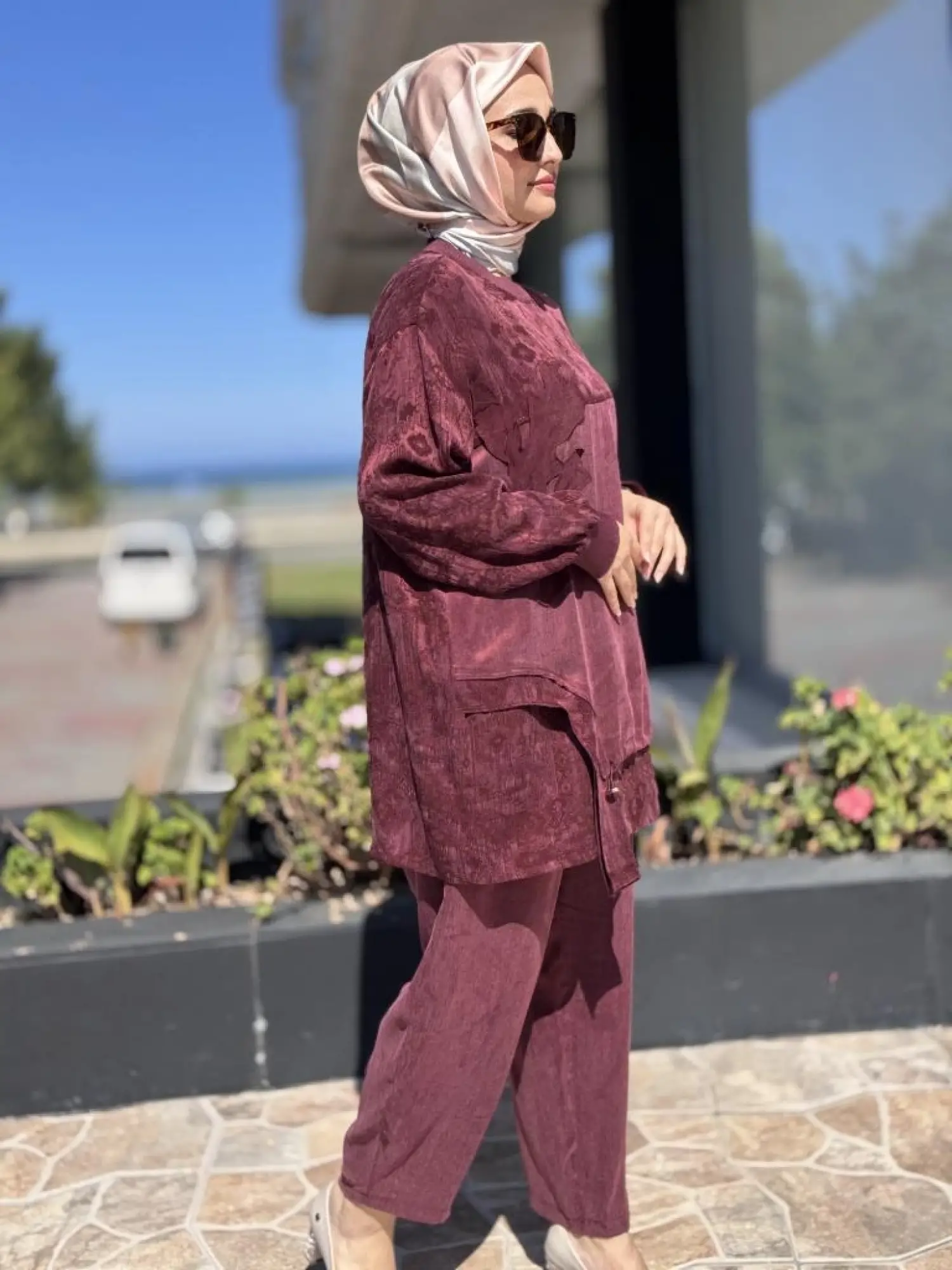 Ghisa Büzgü ve Parça Detaylı Cupra İpek Tunik Pantolon Takım 4049