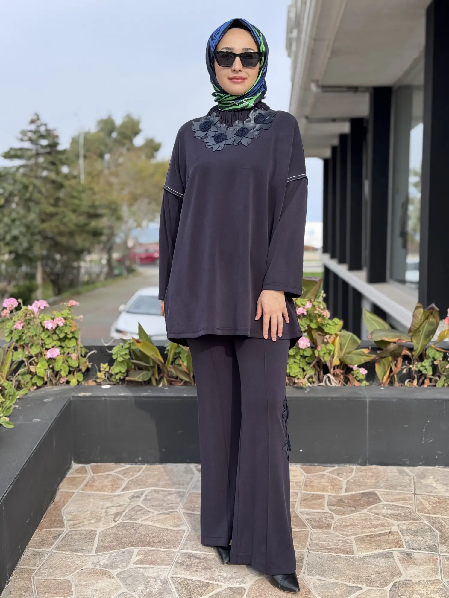 Ghisa Deri Detaylı Büzgü Yaka Tunik Pantolon Takım G4136