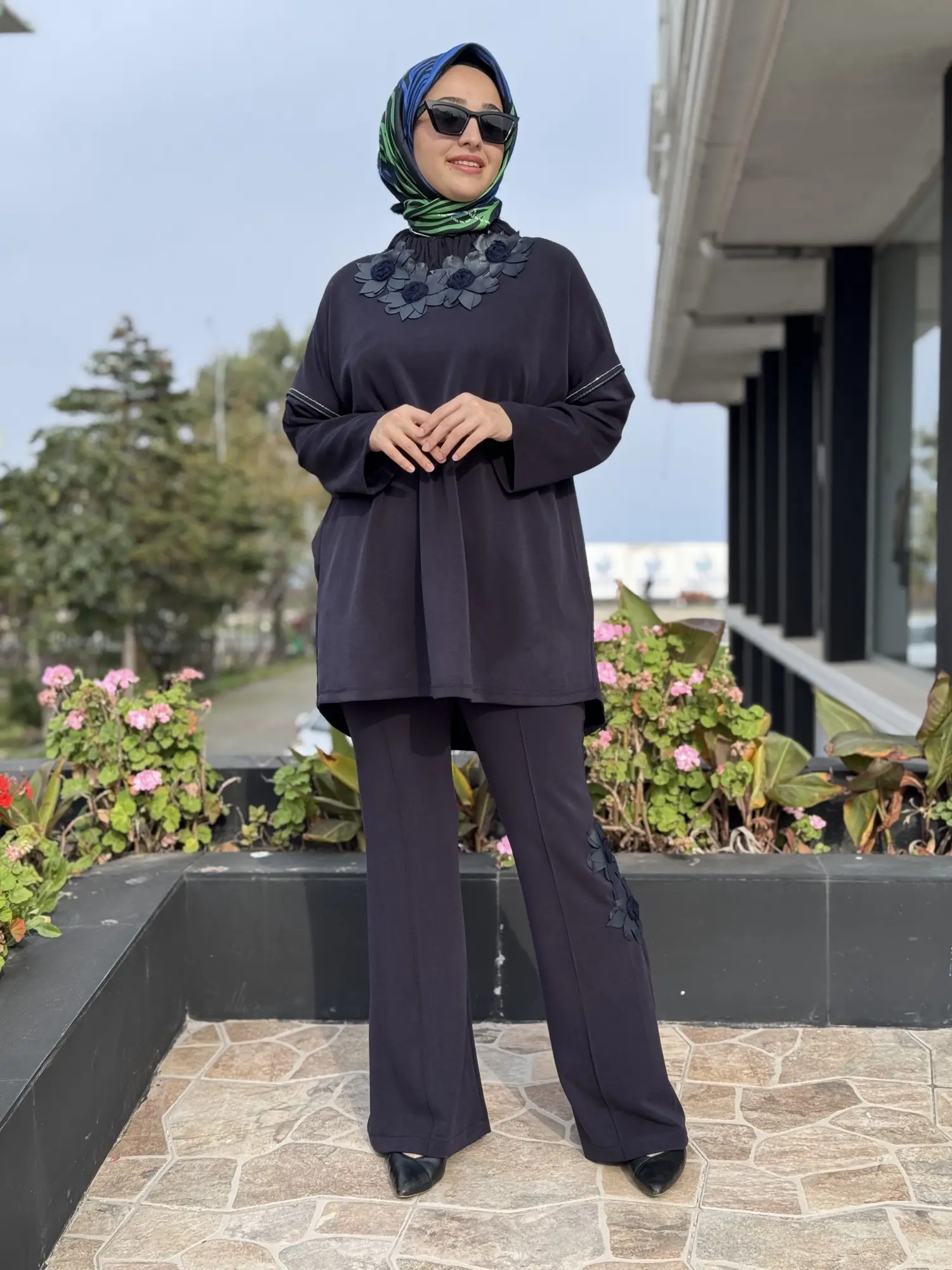 Ghisa Deri Detaylı Büzgü Yaka Tunik Pantolon Takım G4136