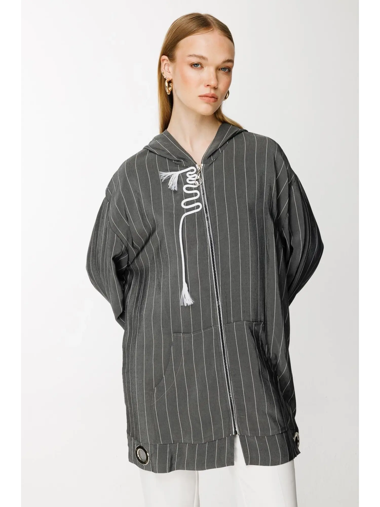 Ghisa Kapüşonlu Fermuarlı Çizgili Ceket 3868