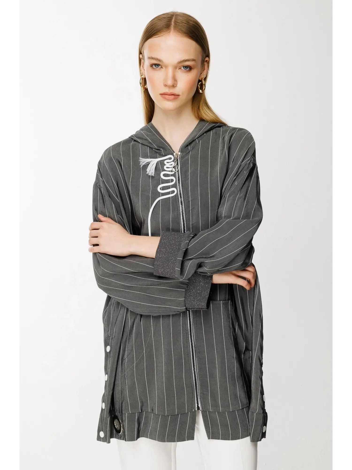 Ghisa Kapüşonlu Fermuarlı Çizgili Ceket 3868