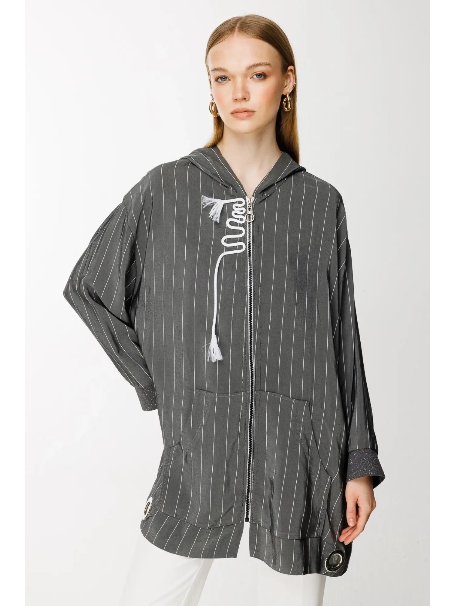 Ghisa Kapüşonlu Fermuarlı Çizgili Ceket 3868