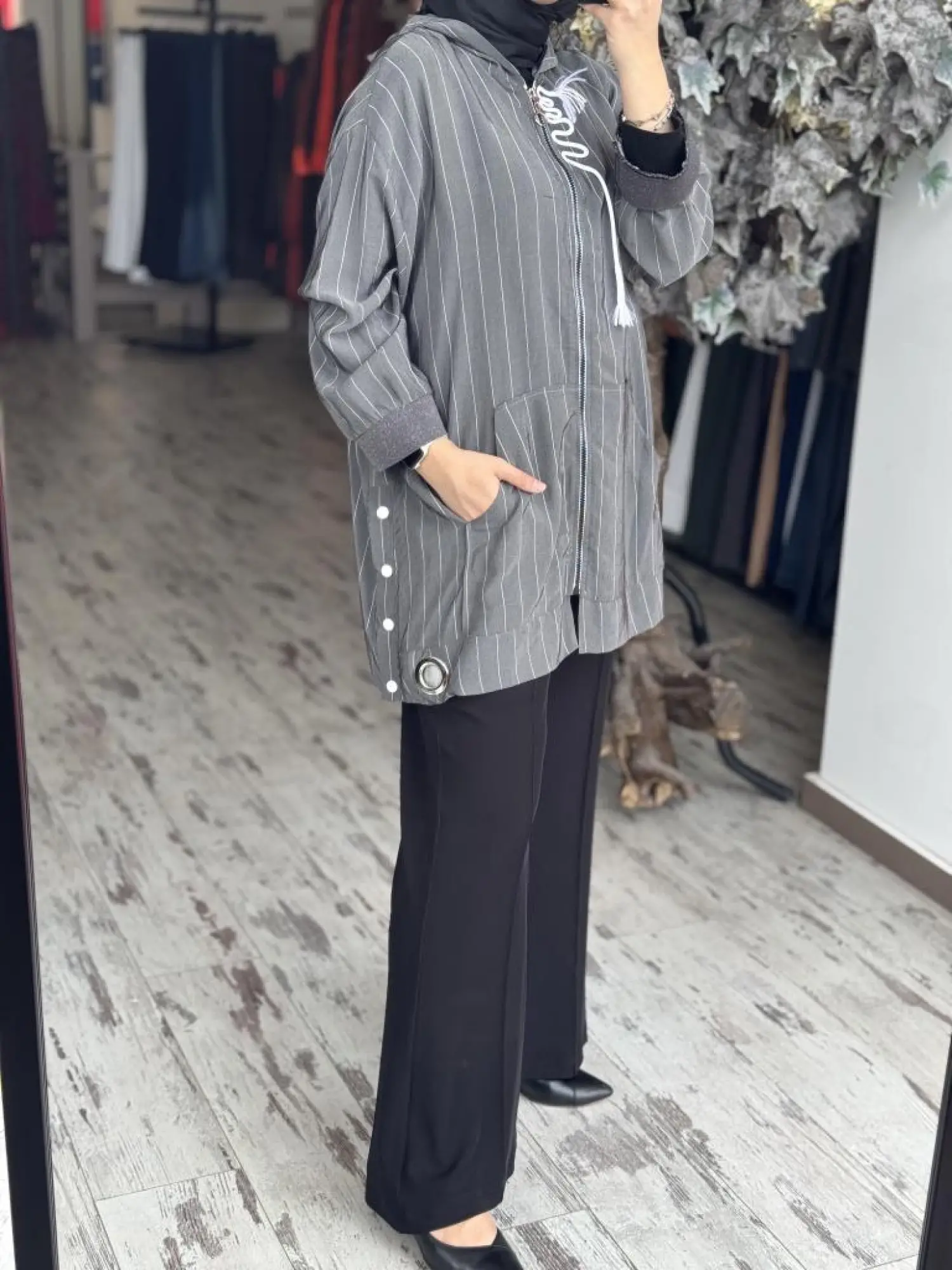 Ghisa Kapüşonlu Fermuarlı Çizgili Ceket 3868