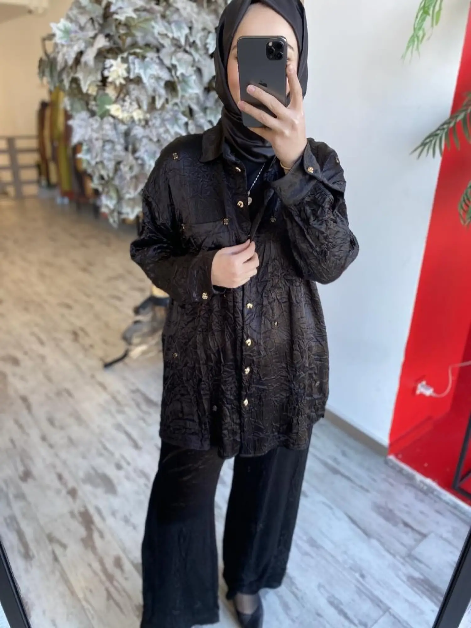 Ghisa Kırışık Saten Gömlek Pantolon Takım 4843