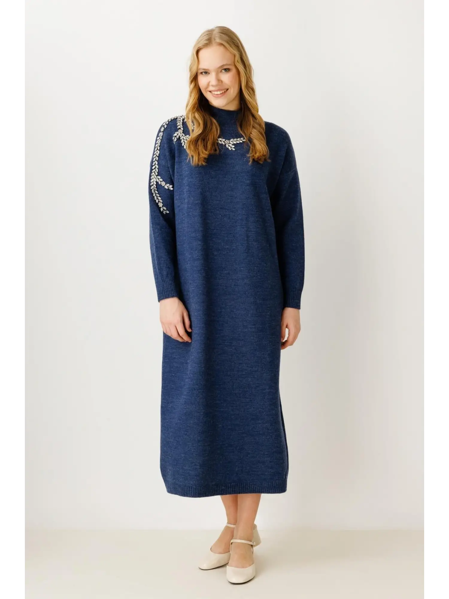 Ghisa Omuzu Taşlı Triko Elbise G4429