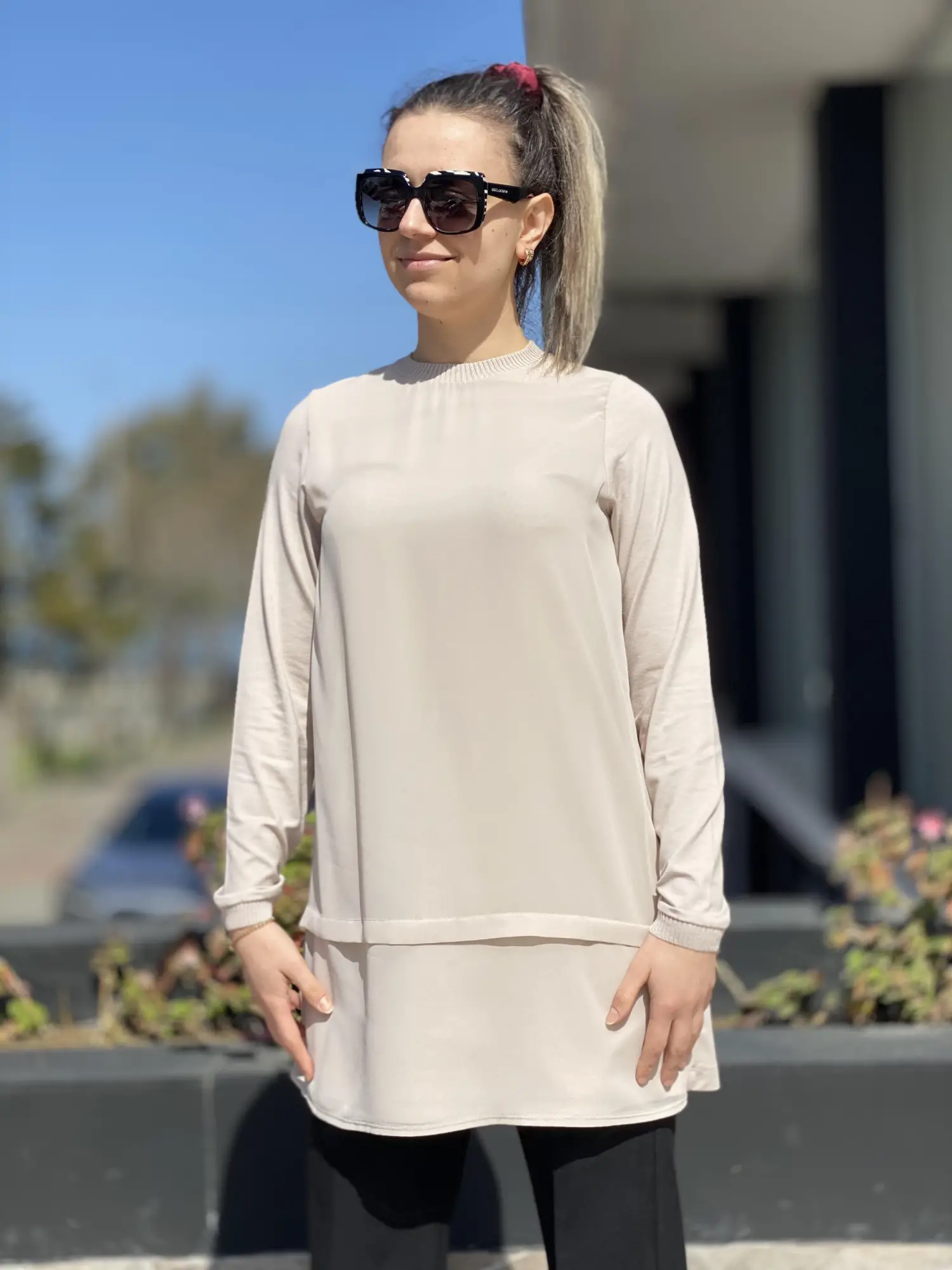 Ghisa Önü Şifon Uzun Kol Ribanalı Penye İçlik/Tunik G4761