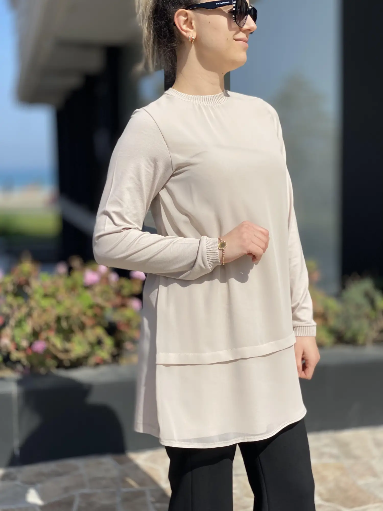 Ghisa Önü Şifon Uzun Kol Ribanalı Penye İçlik/Tunik G4761